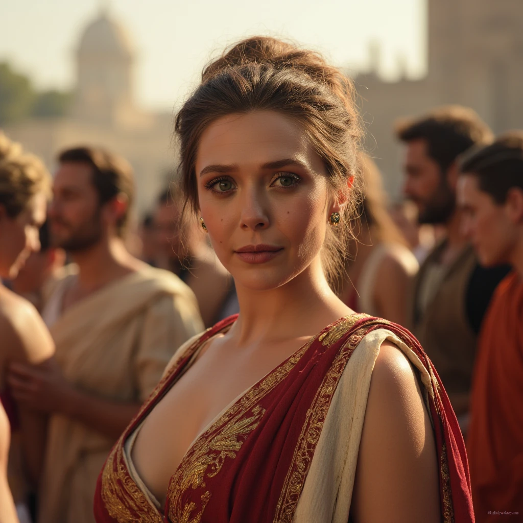 Instagram selfie of a woman during the ancient roman empire standing in the middle of a marketplace in ancient rome with people and merchants all around her. She has a toga on as would be befitting for a madam of the house and has a neutral expression. She has almost no makeup on. Her hair is in an intricate updo and held together by some golden hairpins., ,  <lora:eliolsen_2017_local_164_merger_20v1_8v2_34v2_03_03_04:1>