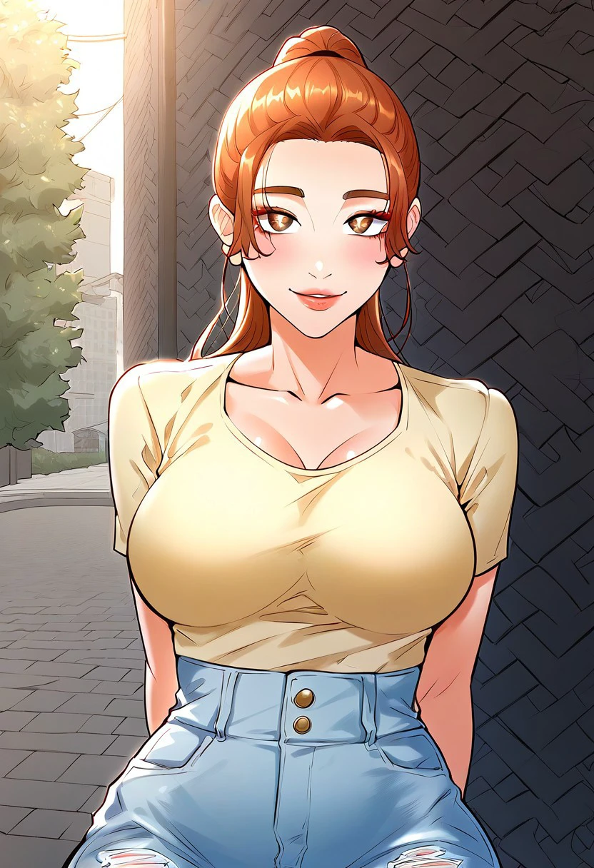 score_9, score_8_up, score_7_up, ASCII masterpiece, source_anime, BREAK, 1girl, solo, (( <lora:cheer_up,_namjoo_style:1> , baek_ja-in, thin waist, wide hips, beautiful skin, piercing light brown eyes, clear eyes, bright pupils, beautiful eyes, beautiful light brown hair, beautiful ponytail, huge and shaggy breasts, natural beauty, extraordinary beautiful woman, attractive woman, super sexy woman, lustful body, sexy woman with seductive obscene body, sensual body, voluptuous body, sexy beauty, no piercings, no piercing, )) , ((short-sleeves yellow top, denim pants, )) , indoors, shiny clothes, shiny skin, night club, erotic bar, classy decorations, cowboy shot, from above, looking at viewer, hands behind back, (detailed face, detailed eyes), delicate features, soft lighting, seducative smile, cute and sexy, very detailed, high detailed texture, uncensored, rare view, makeup,