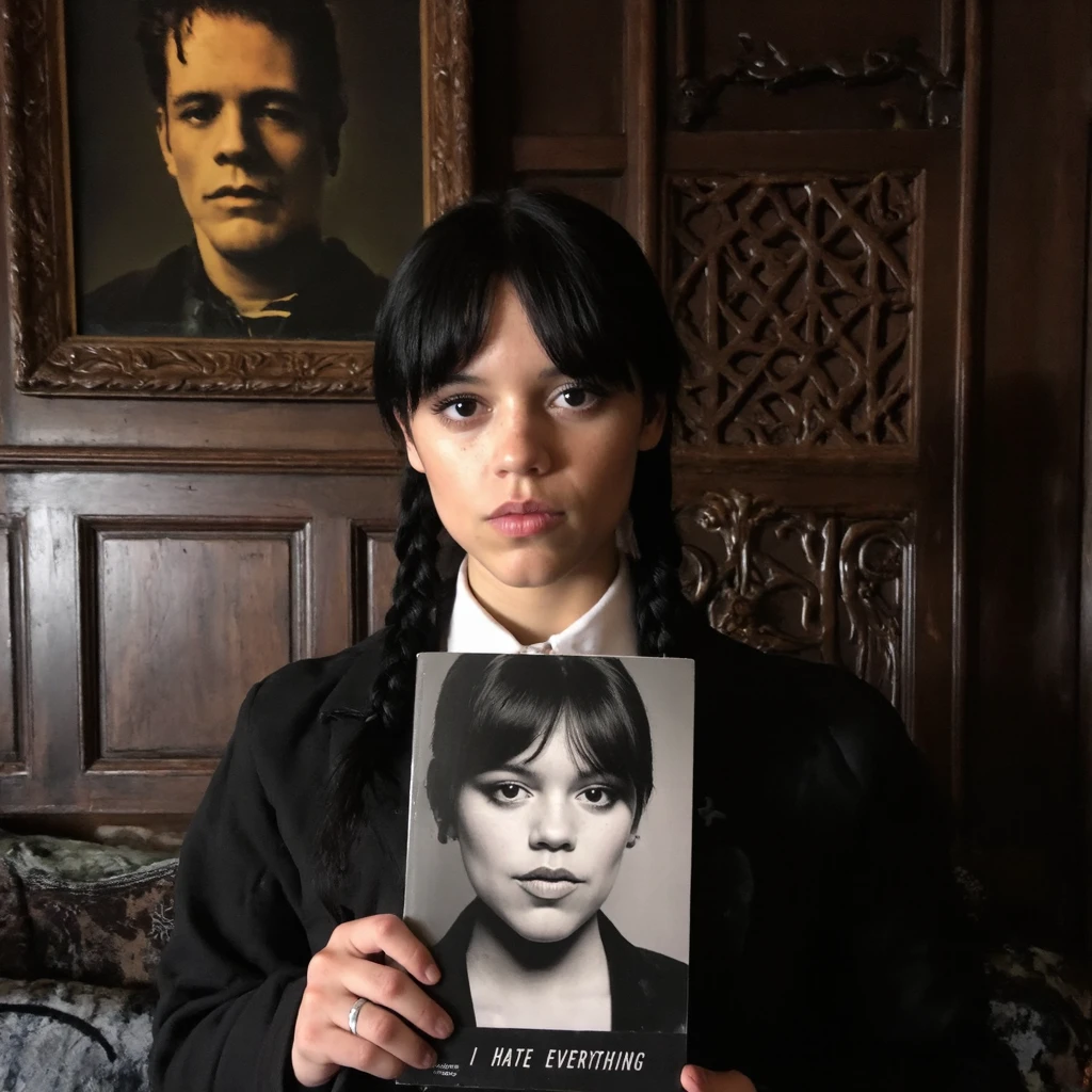 A portrait of jenna_ortega in a dark, vintage setting. She holds a book titled 'I hate everything' with a black and white image of jenna_ortega's face on the cover. There is text on the bottom of the book cover that reads 'Jenna Ortega'.The woman wears a white collar and a black jacket. Her hair is styled in two braids. She looks directly at the camera with a serious expression. Behind her is a wooden wall with intricate carvings and a framed portrait depicting the frankenstein monster. The color palette consists of dark browns, blacks, and whites, creating a somber and reflective atmosphere.