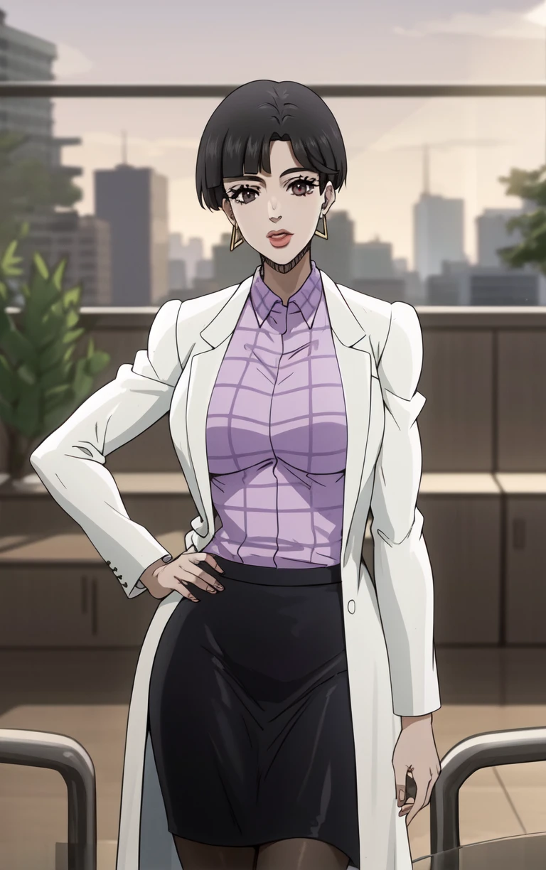 (masterpiece, best quality:1.4), insaneres, absurdres, solo, looking at viewer,BREAK 
Main_JoJoStardustCrusade_Nurse_ownwaifu,
1girl, black eyes, black hair, shirt tucked in, short hair, jewelry, large breasts, lipstick, bangs, lips, hoop earrings, makeup, bob cut, mature female, long coat,
black pantyhose, black skirt, checkered clothes, collared shirt, earrings, lab coat, labcoat, long sleeves, purple shirt, pencil skirt,
(contrapposto, hand on hip), sunset, sidelighting, cityscape, outdoors, <lora:ANIME_JoJoStardustCrusade_Nurse_ownwaifu:1> , depth of field, solo,