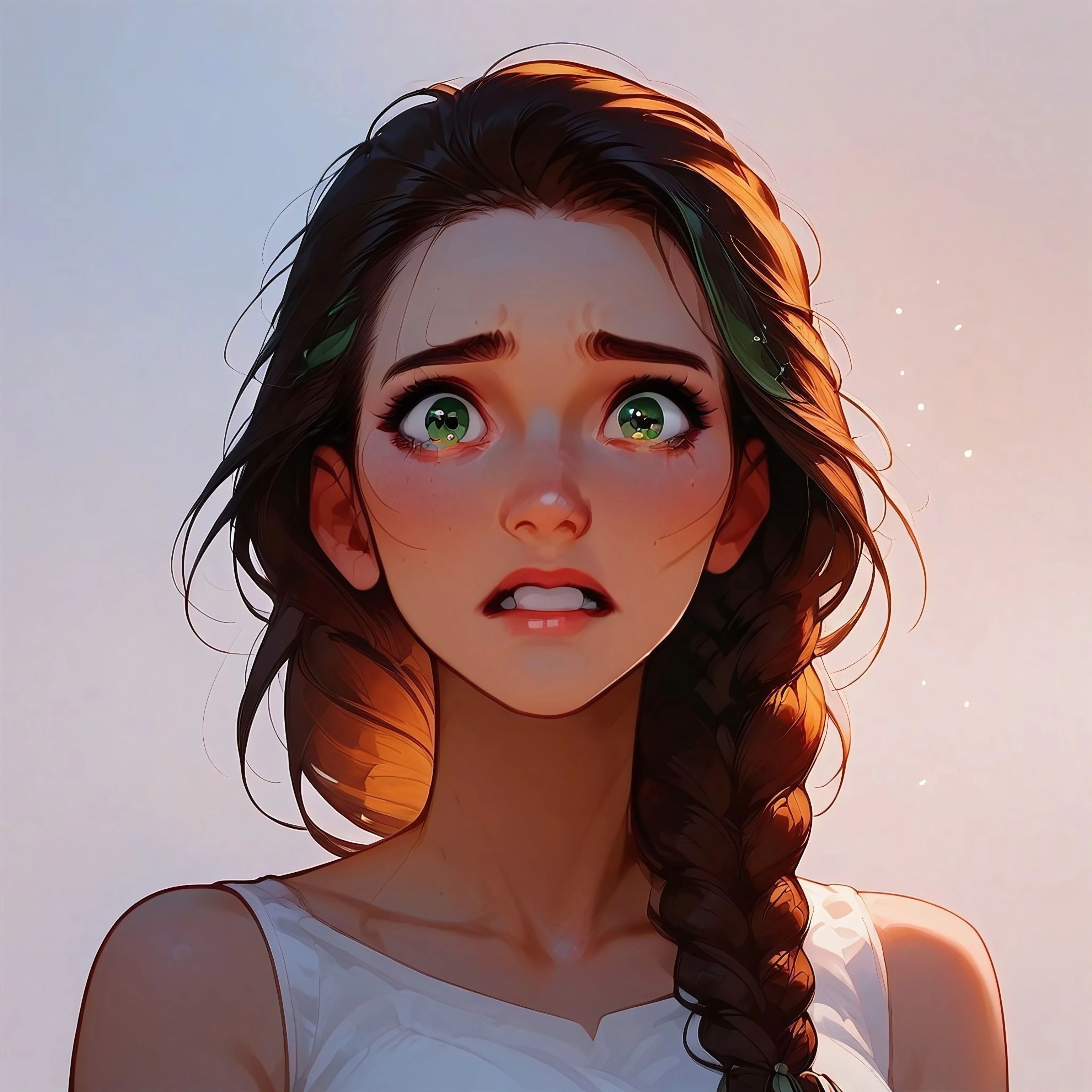 safe_pos, safe_pos, score_9, score_8_up, score_7_up, 1girl, braided hair, green eyes, cute, Anna Rice, scared