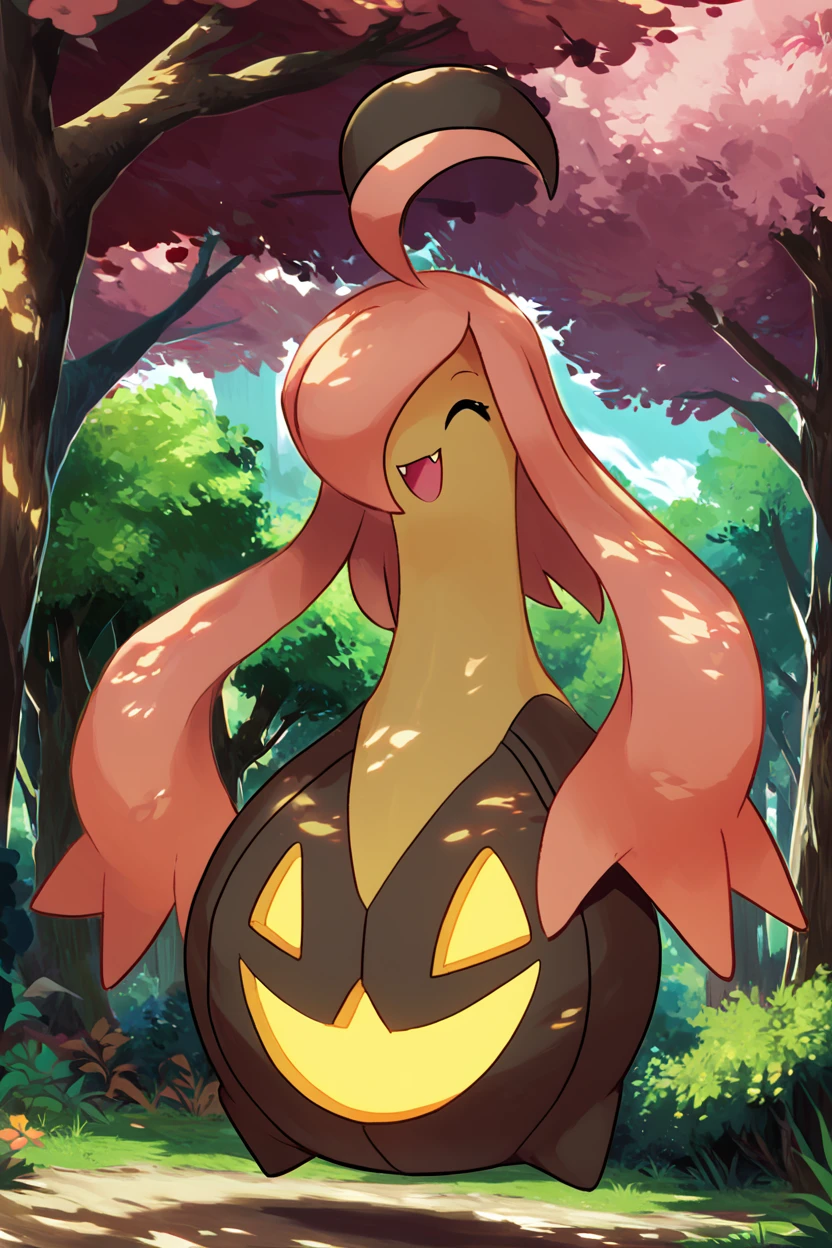 score_9, score_8_up, score_8, no humans,   BREAK, , zzGourgeist, solo, pokemon (creature), no humans, ghost, hair over one eye, ahoge,   yellow eyes, full body, outdoors, glowing, closed eyes, tree, fang, happy, <lora:Gourgeist_Pokemon_PDXL:0.8>, , BREAK, smile, looking at viewer, cowboy shot, ,,, embedding:zPDXL, <lora:theButcherXPDXL:0.8>,