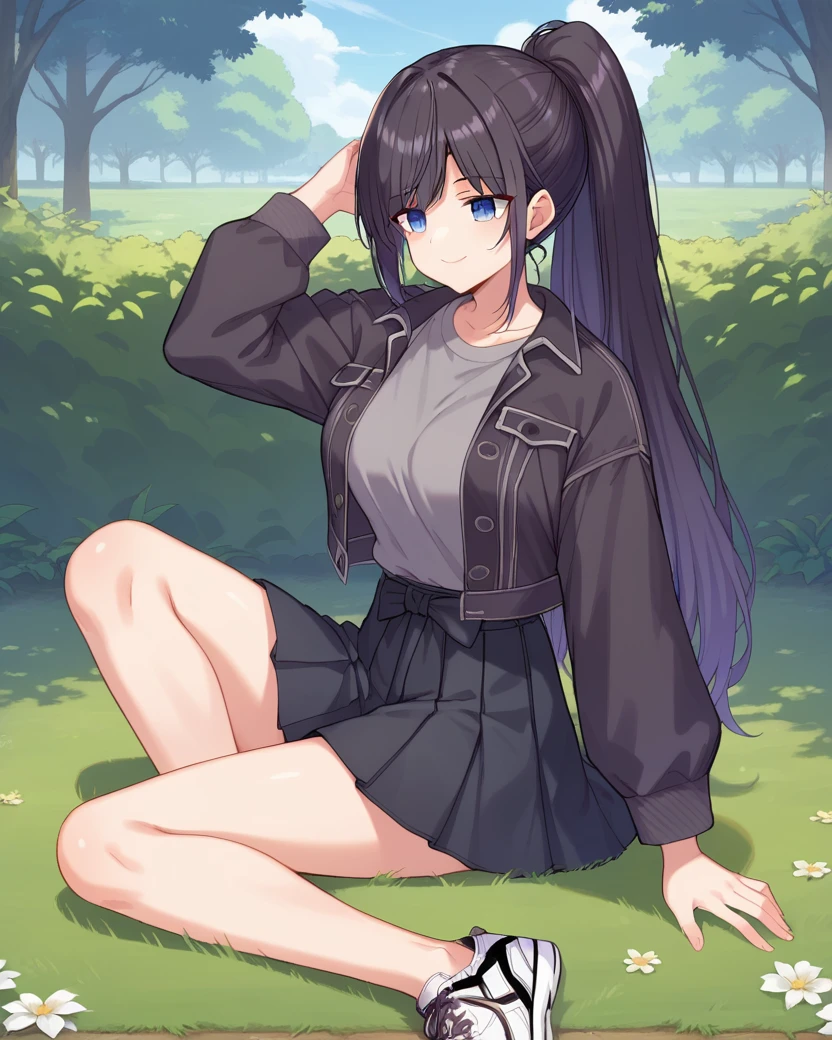 <lora:mccain_v1>,mccain,very long hair,black hair,purple hair,multicolored hair,ponytail,blue eyes,mature female,
jacket,pleated skirt,black skirt,grey shirt,sneakers,
1girl,anime screencap,
BREAK
sitting on grass,
outdoors,park,
light smile,
BREAK, score_9,score_8_up,score_7_up,source_anime,best quality,masterpiece,uncensored,detailed eyes,zPDXL,