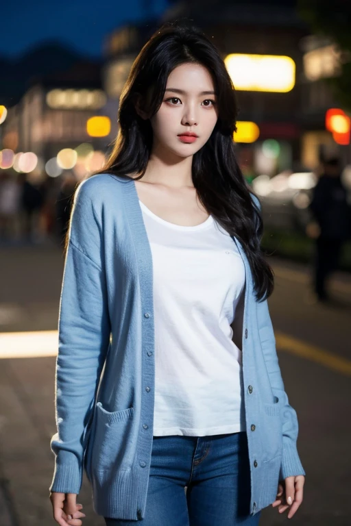 masterpiece, best quality, ultra-detailed, ultra high res, (photorealistic:1.4), raw photo, (realistic:0.2), 8k HDR, realistic lighting, 1girl, solo, (asian:0.2), asymmetrical hair, outdoor, night, (simple background:1.4), bokeh, (detailed lips), (detailed pores), (detailed skin textures), (detailed face:1.2), (full body:1.2), a woman in a  light blue cardigan, promotional image, dark blue jeans, a character portrait, (thigh gap:1,2),