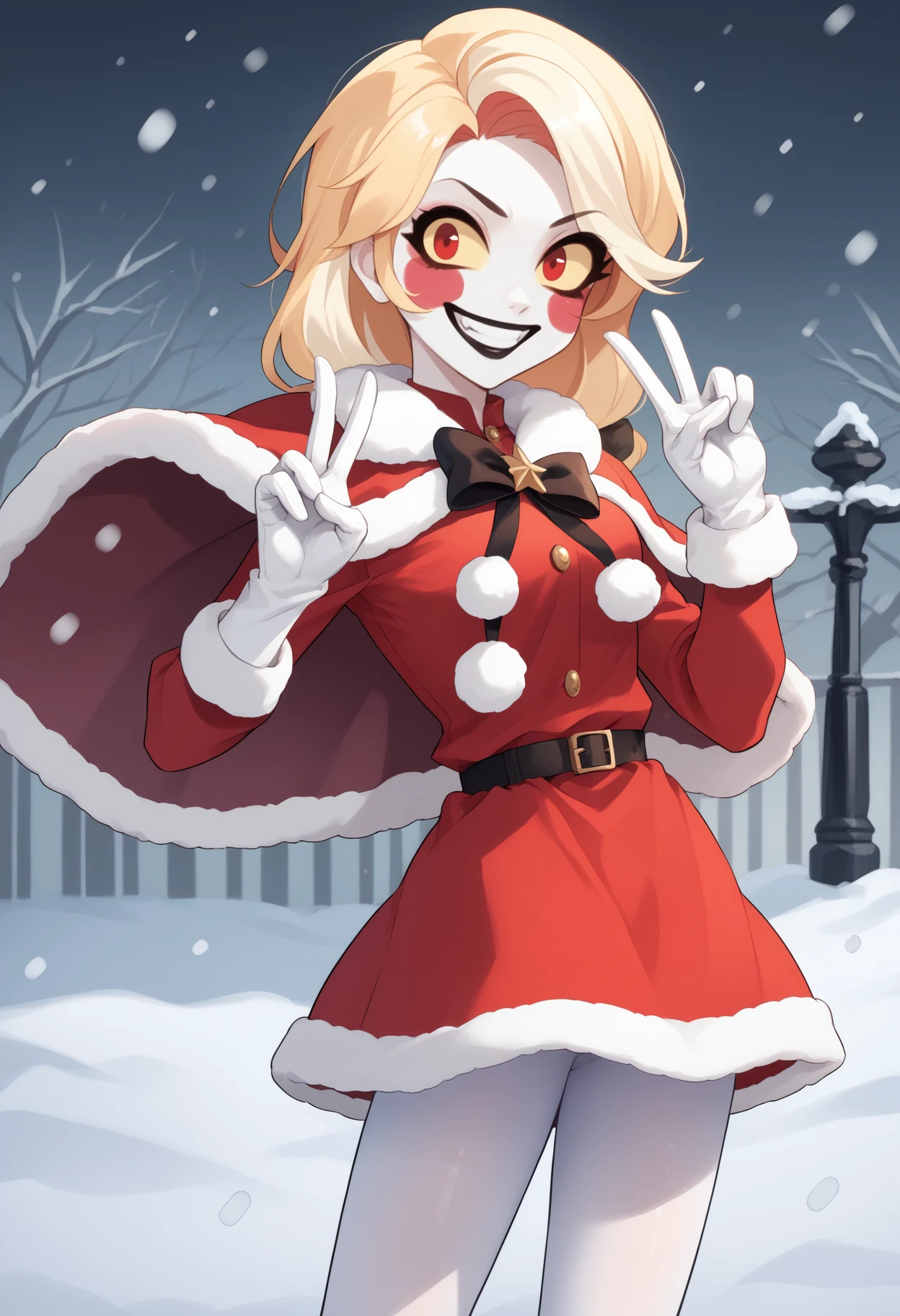 score_9, score_8_up, score_7_up, source_anime, <break> solo, 1girl, chrlmrnstr, white skin, makeup, blush stickers, black lips, grin, looking at you, standing, double v, multicolored hair, blonde hair, yellow sclera, red eyes, christmas, fur trim, red capelet, fur-trimmed capelet, red dress, fur-trimmed dress, pom pom \(clothes\), long sleeves, white gloves, white pantyhose, snowing, outdoors
<segment:yolo-face_yolov8m.pt,0.4,0.5//cid=1>