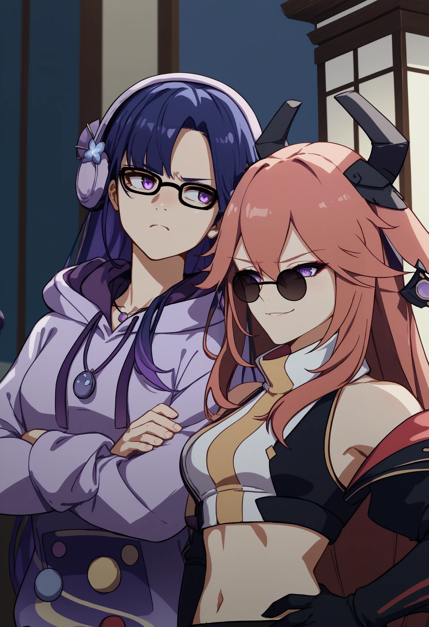 score_9, score_8_up, score_7_up, upper body, 2girls, looking at another, 
BREAK 1girl, rdenShgunAnv, purple hair, sidelocks, purple eyes, glasses, bespectacled, headphones, hair ornament, purple hoodie, hood down, drawstring, long sleeves, necklace, jewelry,  contemporary, casual, <lora:RaidenShogun2ndAnniv_pdxl_Incrs_v1:1>, crossed arms, pout, 
BREAK 1girl, <lora:YaeMikoProgenitor_pdxl_Incrs_v1:0.8> yaemiko, pink hair, long hair, purple eyes, hair between eyes, fox ears, medium breasts, earrings, jewelry, headgear, horns, sunglasses, pince-nez,, turtleneck, crop top, bare shoulders, black jacket, cropped jacket, midriff, black gloves, black sleeves, hands on own hips, smirk,