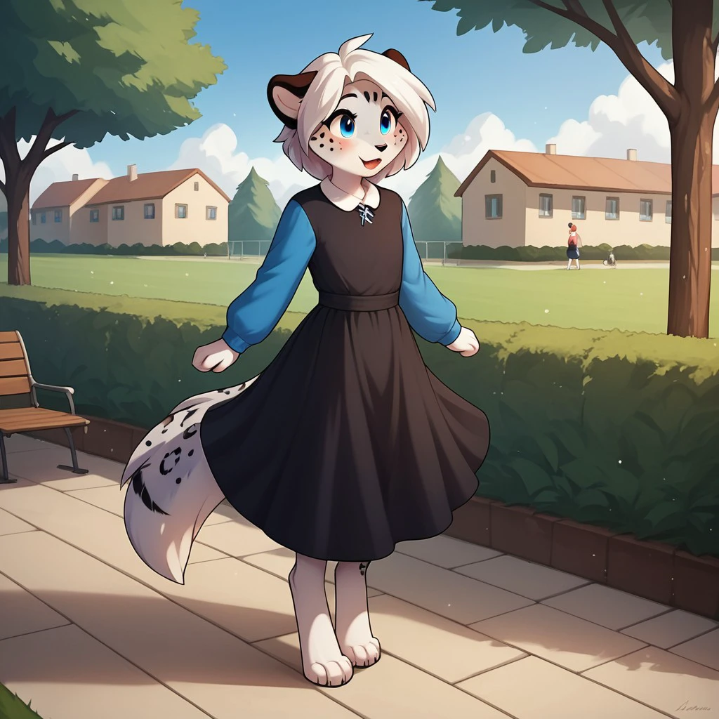 score_9, score_8_up, score_7_up, score_6_up, score_5_up, score_4_up, source_furry, maevetkv2, young anthro, female, snow leopard, blue eyes, grey fur, white hair, digitigrade, barefoot, park, black dress, blue sleeves, blush, gripping skirt, , by  Tom Fischbach,, <lora:33679502-2ae4-4787-94eb-4423783a7859:0.7>