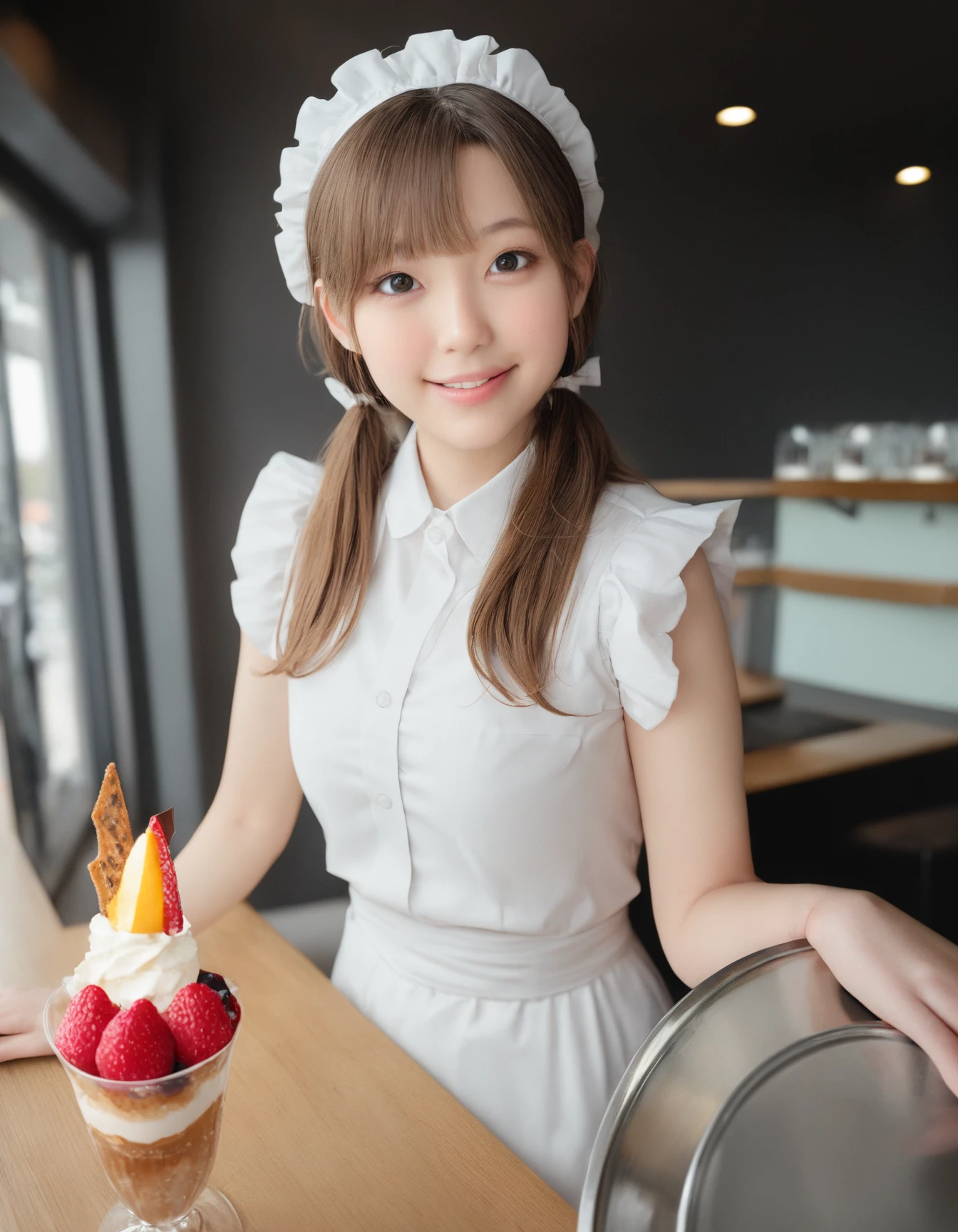 8k, RAW, masterpiece, best quality, very aesthetic, high resolution, raw photo, high resolution,
waist up, [:natural skin, detailed skin, (skindentation:0.3):0.5],
1 girl,  japanese, 20 yo, low pigtails, smiling, tilting head,
waitress uniform with apron, frilly headband, stainless steel tray, parfait in tall glass cup,
modern coffee shop, Antique Interior
 <lora:WhippeMilk_2D:0.7>