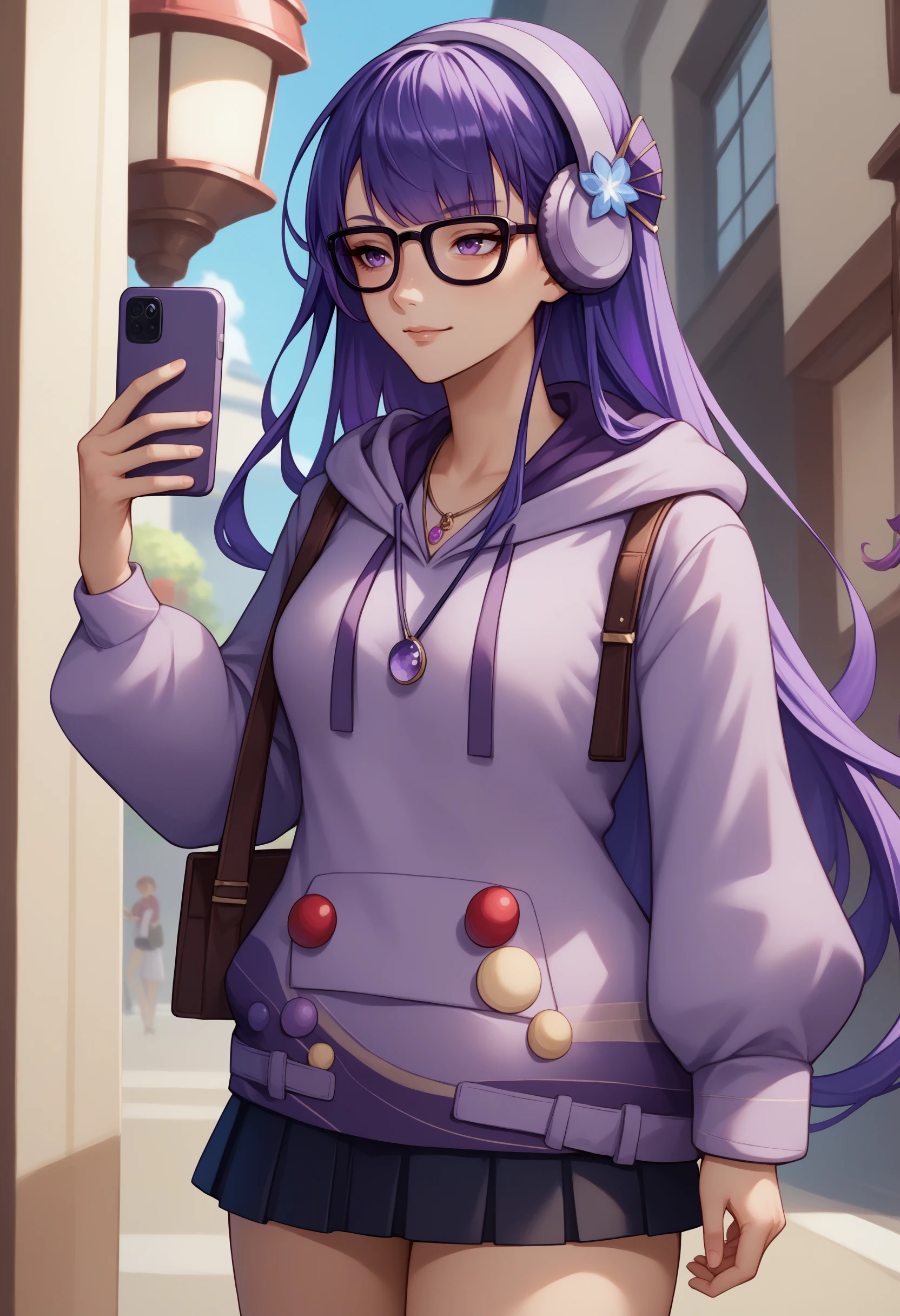 score_9, score_8_up, score_7_up, 1girl, rdenShgunAnv, purple hair, sidelocks, purple eyes, glasses, bespectacled, headphones, hair ornament, purple hoodie, hood down, drawstring, long sleeves, necklace, jewelry, bag, pleated skirt, black skirt, contemporary, casual, <lora:RaidenShogun2ndAnniv_pdxl_Incrs_v1:1>, seductive smile, holding phone,