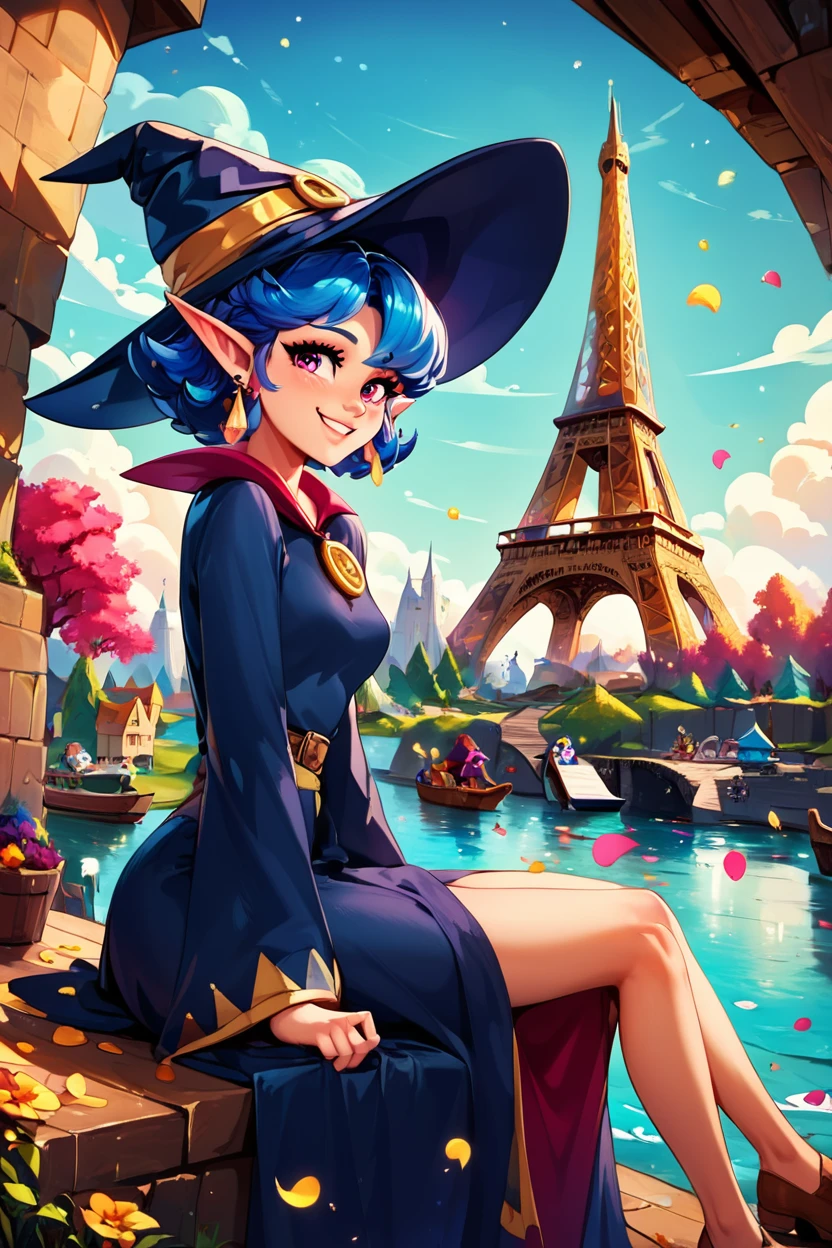 score_9, score_8_up, score_8, medium breasts, (curvy), cute, eyelashes,       BREAK, , zzIrene, pointy ears, short hair, blue hair, witch hat, witch,  earrings, long robe,  <lora:IreneZelda_PDXL:0.8>,  , BREAK, zzEiffelTower in background, sitting, watercraft, boat, sitting on wall, side view, looking at viewer, smile, ,,, BREAK, blooming stars, luminescent petals, otherworldly fragrance blurry background, ,,, embedding:zPDXL, Expressiveh, ,,, <lora:EiffelTowerPDXL:0.8>, <lora:CatalystStylePDXL:0.6>, <lora:SDXLFaeTastic2400:0.5>, <lora:Expressive_H-000001:0.4>,