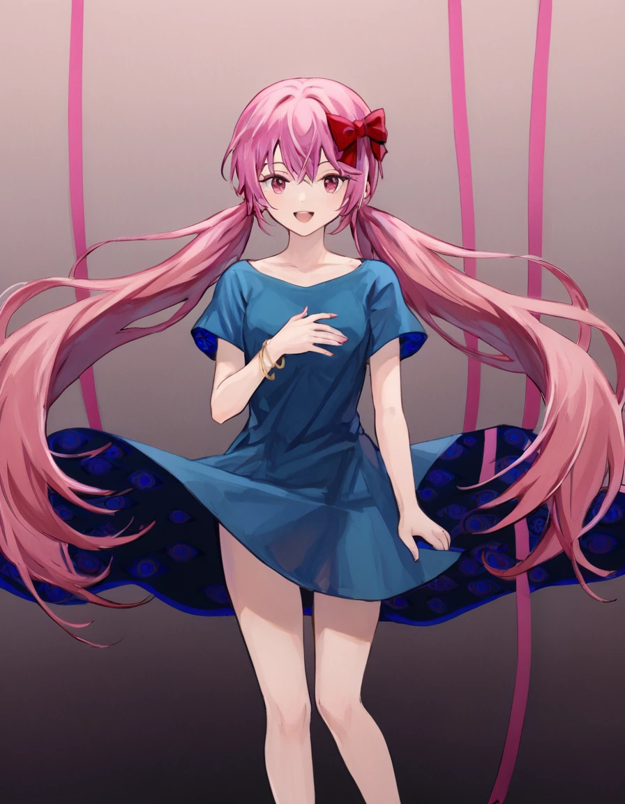 <lora:MarenolGirl-000007:1> drug1rl, 1girl, solo, long hair, pink hair, twintails, red hair bow, blue dress