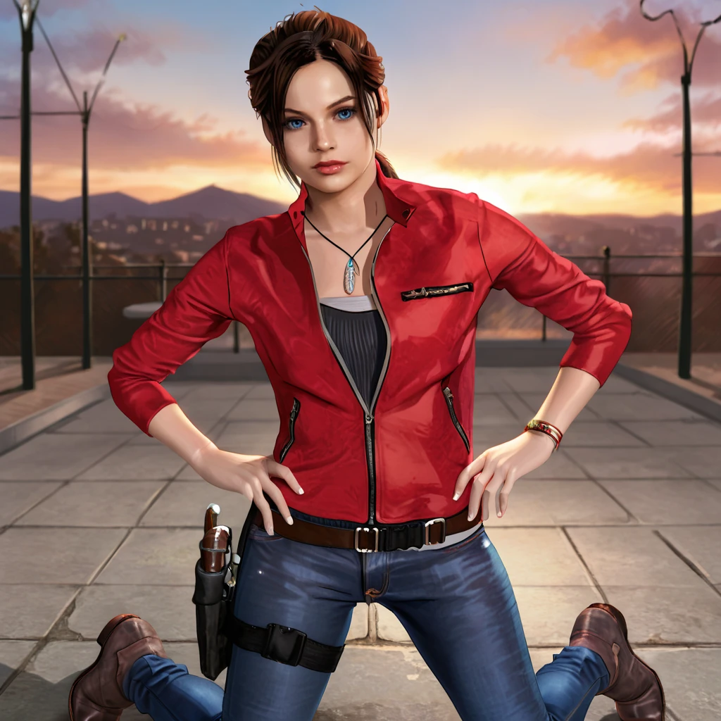 <lora:clairere2remake_pony_v1:1>  ClaireResidentEvil2Remake, 1girl, holster, red jacket, pants, blue eyes, denim, belt, short hair, brown hair, jeans, brown footwear, lips, cowboy shot