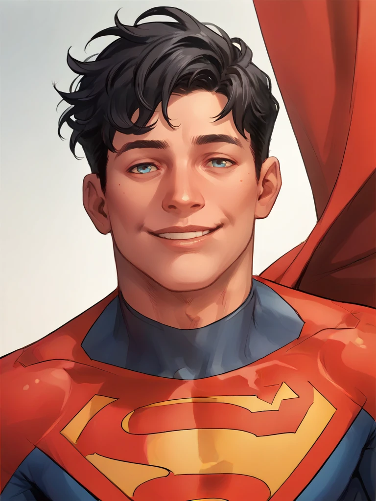 portrait of J_kent man, black hair, blue eyes, smiling, looking at viewer  <lora:Jon_Kent_Superboy:.8> bodysuit, superhero, score_9, score_8_up, score_7_up, <lora:Smooth Anime 2 Style SDXL_LoRA_Pony Diffusion V6 XL:.3>   <lora:add-detail-xl:.8>  zPDXL3,