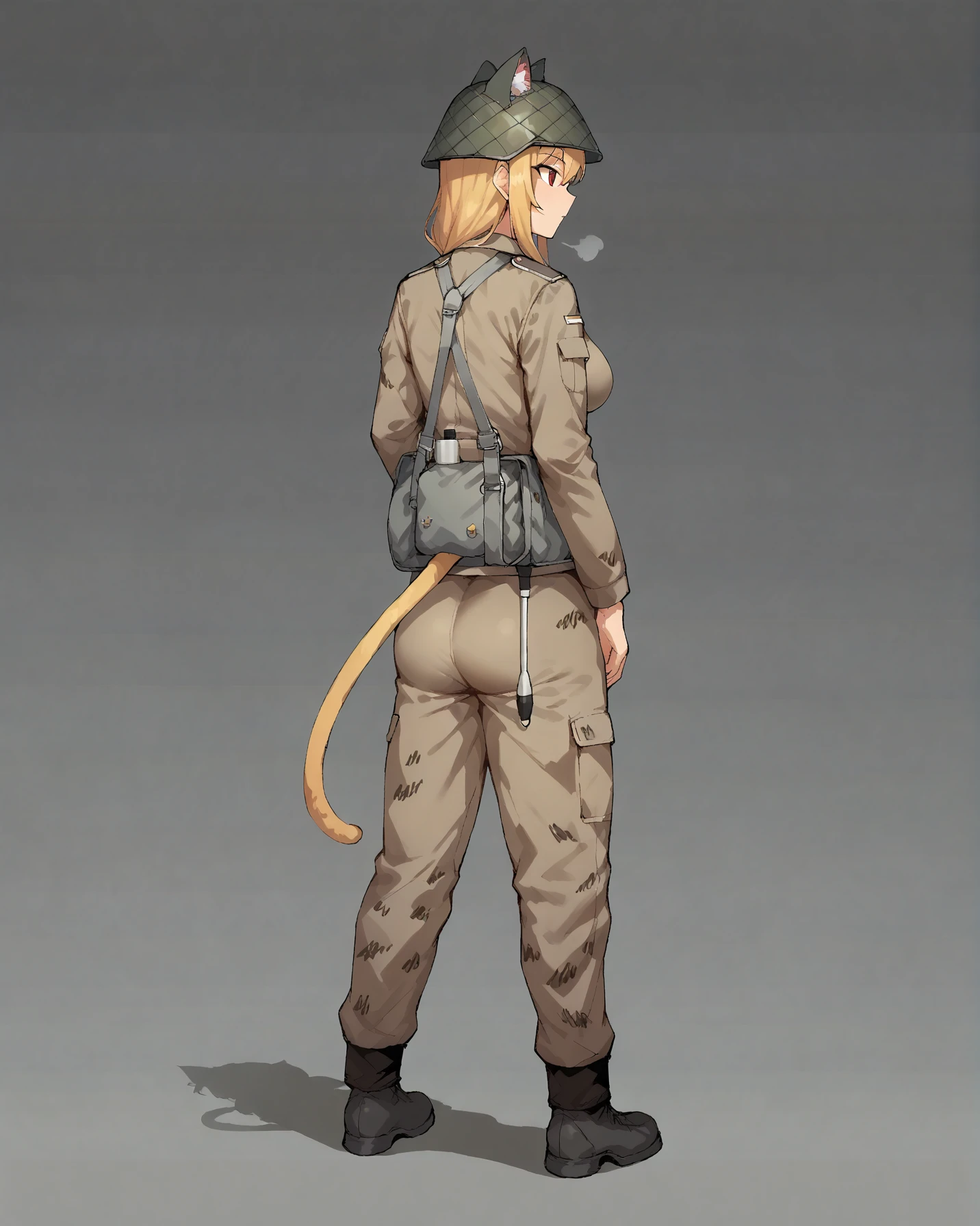 1girl, solo, <lora:necoarc-guy-PONYv1_1:1> necoarc, blonde hair, red eyes, slit pupils, cat ears, ears through headwear,  :3, catgirl, cat tail, medium breasts, <lora:DDR_NVA:1> ddr_nva, uniform, military, military uniform, helmet, camouflage, standing, full body, from behind,  grey background, gradient background,  <lora:catgirl:2> <lora:age_slider_v4:1>  <lora:StS-Breast-Enlarger-Slider-PonyXL-v0.8:2> <lora:StS_PonyXL_Detail_Slider_v1.4_iteration_3:5>, PonyXLV6_Scores, <lora:pony_good_hands:1> good_hands,