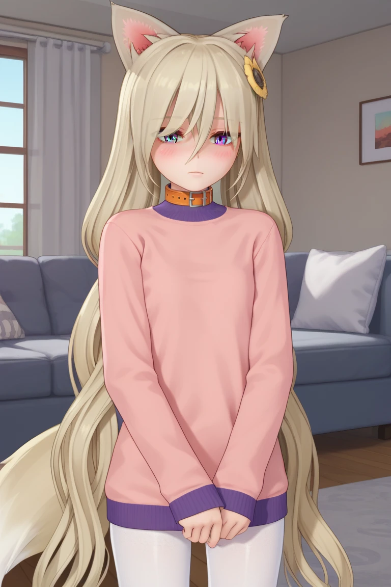 (score_9, score_8_up, score_7_up) source_anime, anime coloring, female,Flowerfox, grey eyes, fox ears, animal ears, blonde hair, long hair, very long hair, twintails,  hair ornament, tail, collar, flat chest, sweater pink sweater, white pantyhose, <lora:FlowerLora:0.8> standing, v arms, looking at viewer, expressionless, blush, indoors, living room,