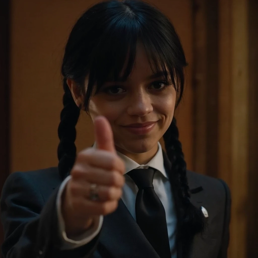 A close-up portrait of jenna_ortega with dark hair styled in two braids. She wears a dark suit with a white shirt and a black tie. The woman points directly at the camera with a slight smile. The background is dimly lit with a warm, amber glow, creating a moody atmosphere. The image style is dramatic and evocative, emphasizing the subject's expression and the interplay of light and shadow.