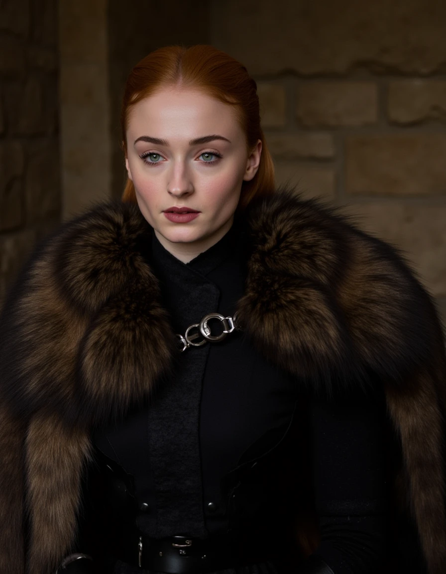 <lora:Sophie_Turner_Flux (1):1> The image is a photograph from the HBO series "Game of Thrones." The scene appears to be set in a fortress.  The image is capturing a young woman who has red hair. She has fair skin and piercing blue and green eyes that stand out vividly against her complexion. Her facial features are delicate, she is wearing a medieval style wolf fur cloak, black dress, stoic expression