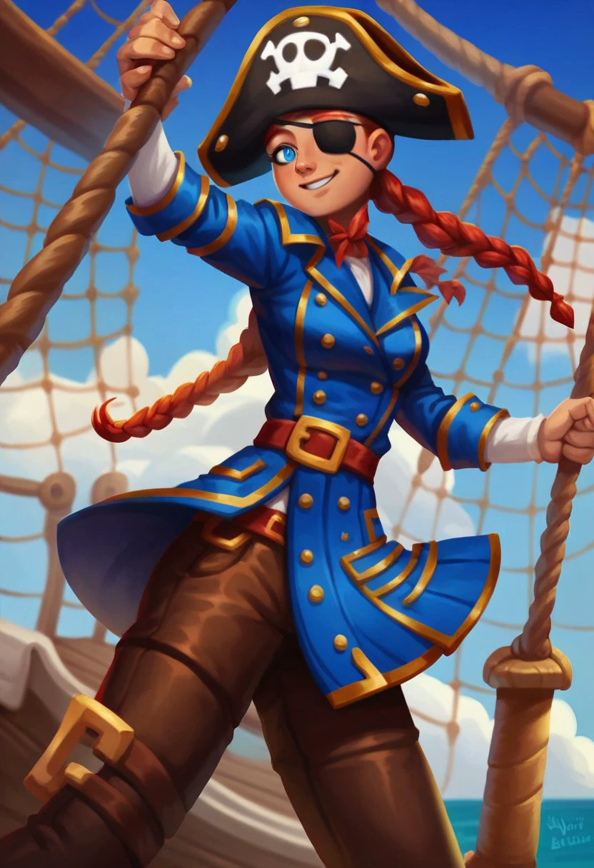 score_9_up, score_8_up, score_7_up, score_6_up, 1girl, solo, Ginny_Mysims, (realistic), red hair, braided twintails, blue eyes, eyepatch, pirate hat, pirate costume, adult, (painted art), (on the deck of a pirate ship), smile