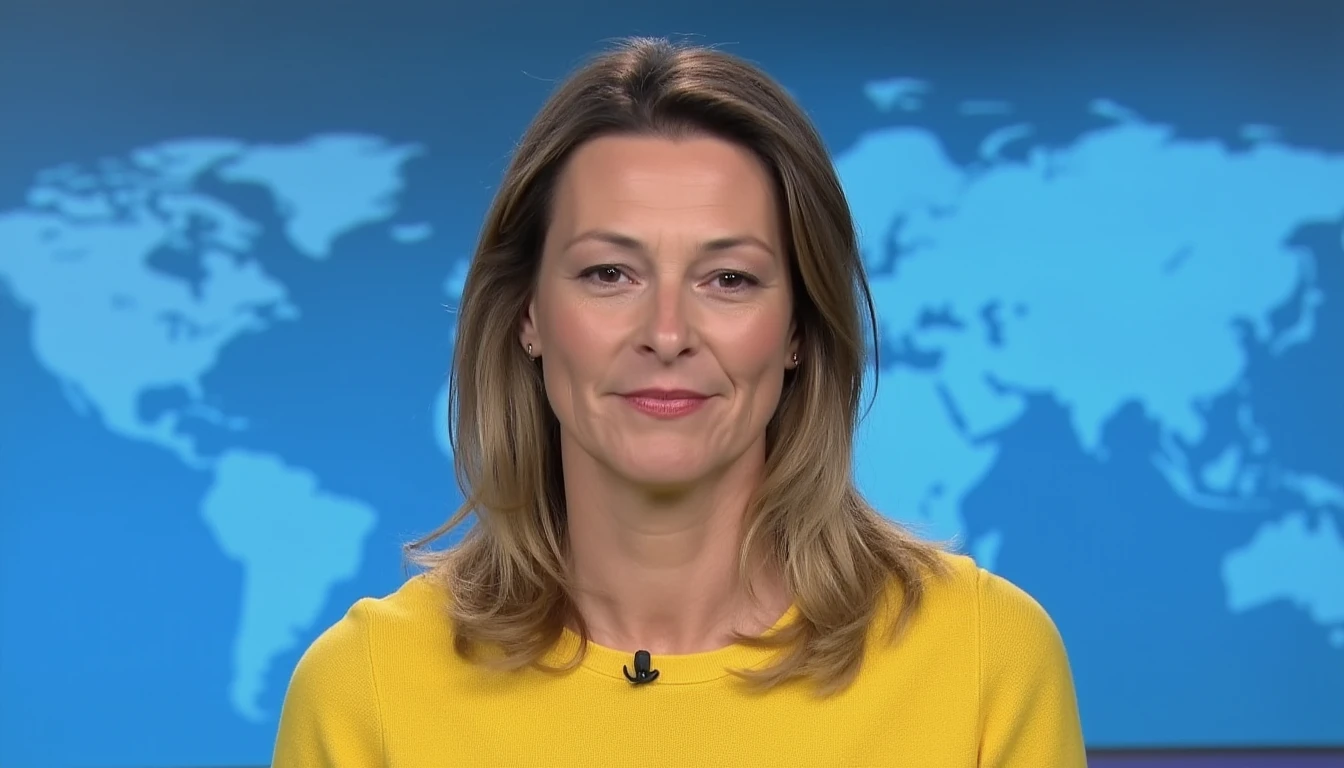 A professional close-up photo of anjareschke, a 50 year old woman. She is facing the viewer with a neutral expression on her face. She is hosting the evening news. The background shows a medium blue gradient from top to bottom with a large world map in light blue.