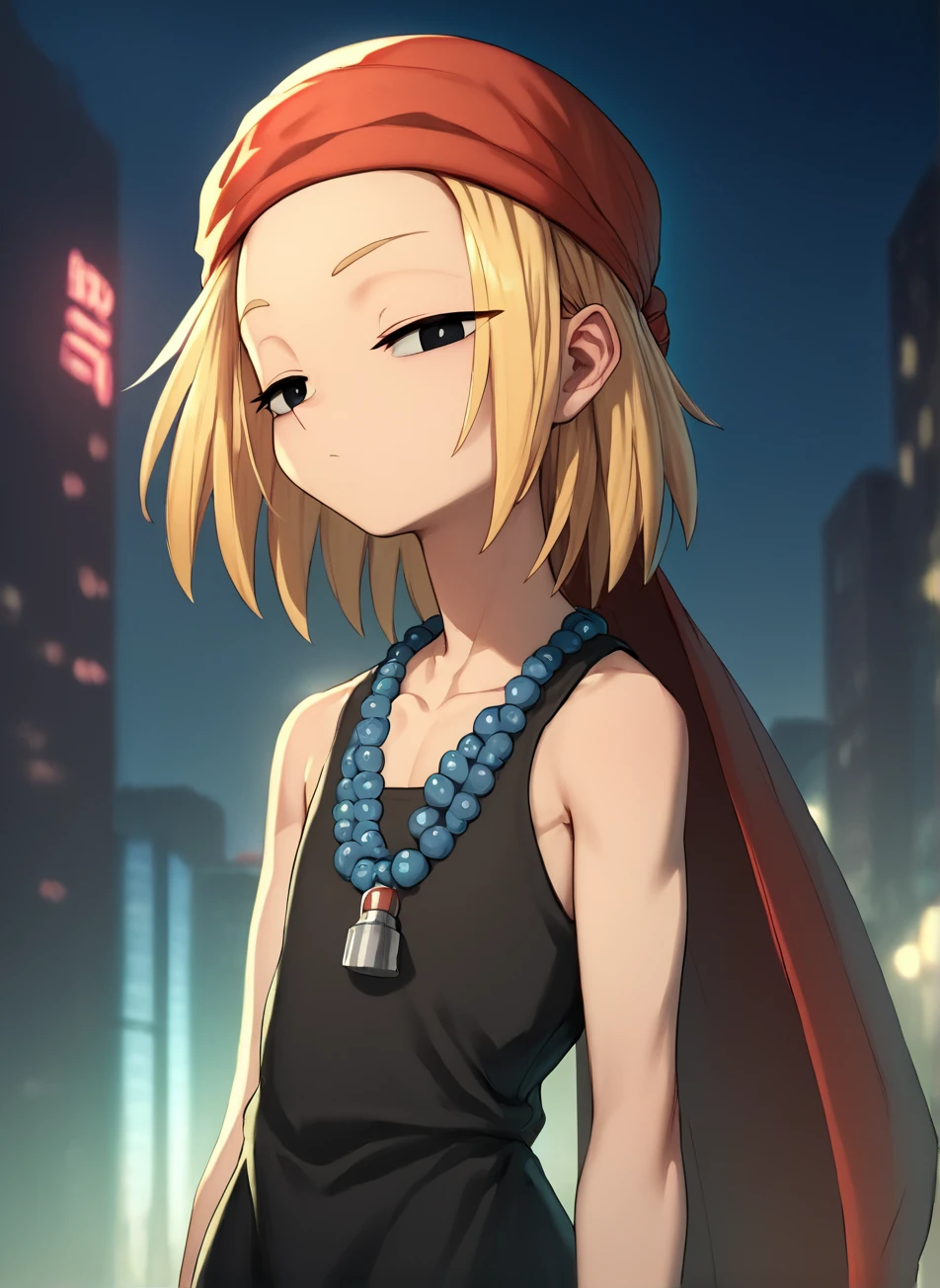 score_9, score_8_up, score_7_up, anime art,
1girl, solo, standing, nighttime japanese city, flat chest, anna2k1, sleeveless black dress, shoulder-length hair with red scarf on top of head, bead necklace with red item, almond-shaped eyes, black eyes, detailed shading, city lights highlighting off skin and hair and clothes, bokeh, vibrant, headshot, head and shoulders, young girl, slender, cute, neutral expression, half-lidded eyes