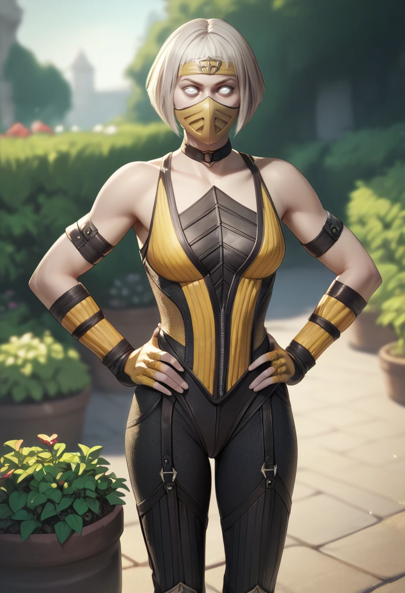 score_9,score_8_up,score_7_up,score_6_up,
khmlnxl,white eyes,white hair,bob cut,
mouth mask,
yellow and black bodysuit,yellow headband,bare shoulders,yellow fingerless gloves,choker,
outdoors,garden,fantasy,
standing, hands on hips,
<lora:KhameleonXL:0.9>,