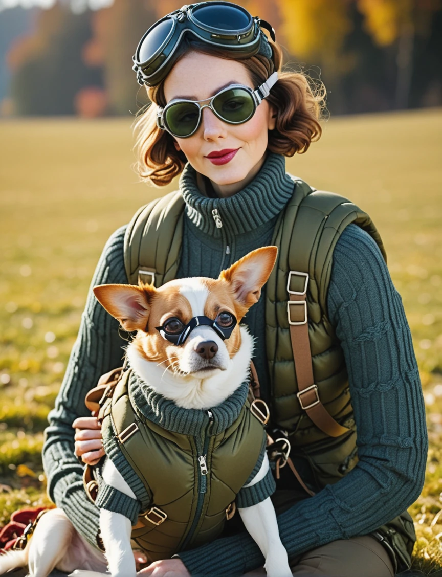 a professional sharp focus absurdres intricately detailed close portrait photograph of a beautiful Ruby_O_Fee, petting a dog who is wearing a parachute and aviator goggles,
wearing slim pants with a long knit cardigan sweater over a turtleneck long-sleeved shirt,
 <lora:Ruby_O_Fee-SDXLe15:1> ,