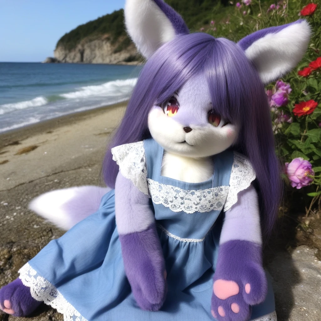 <lora:plush_SDXL:0.7>,realistic, purple hair, :3, looking at viewer, no_nose, furry, flower, outdoors, sea, lace-trimmed blue dress, clothed_animal, pawpads, furrification,