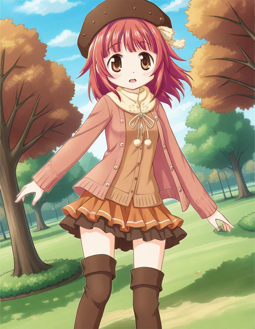 akino kaede, autumn clothes, hat, microskirt, layerd skirt, knee boots, solo, dynamic angle, park, <lora:20241004091734_akino_kaede_animagine-xl-3.1:0.7>