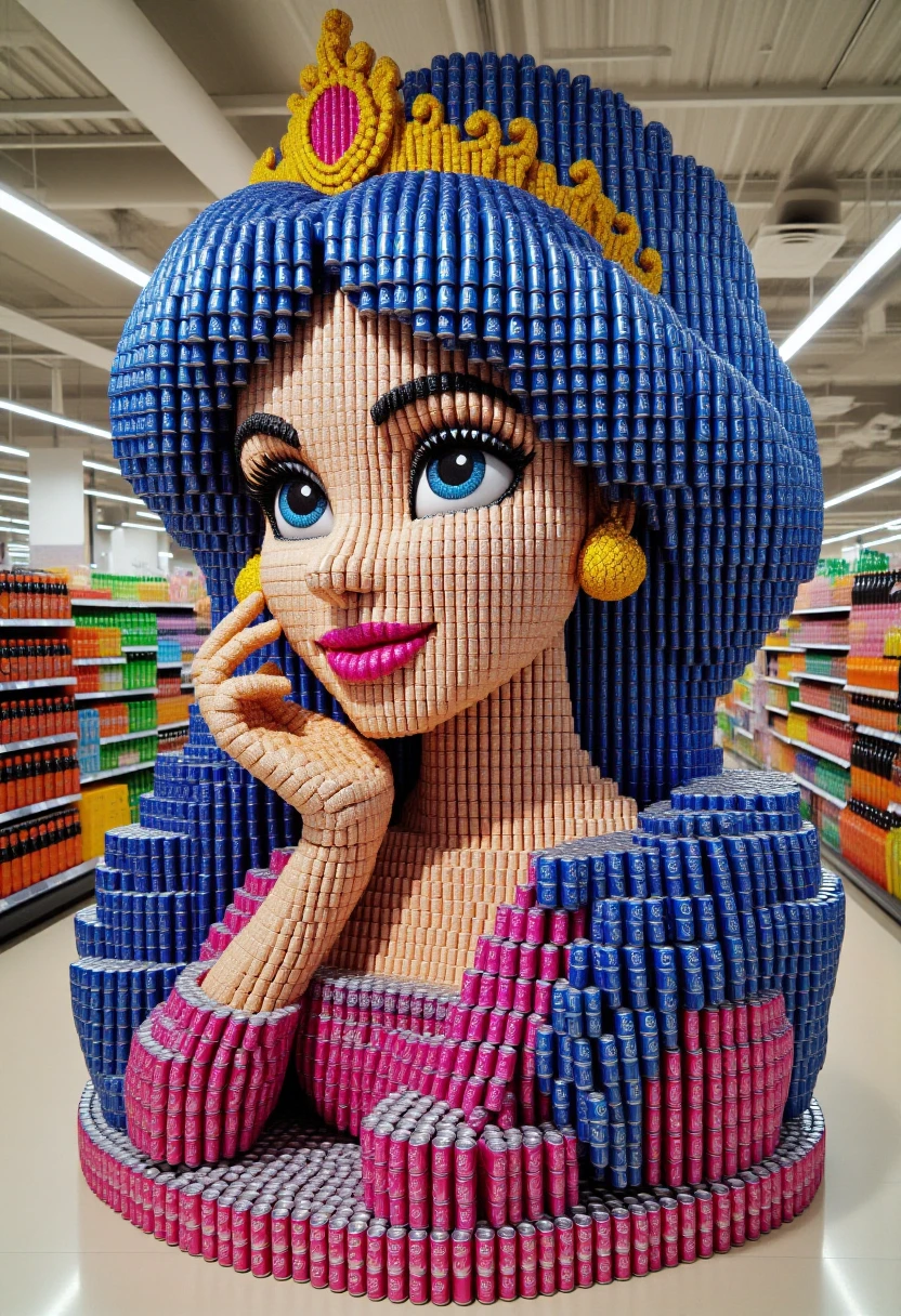 <lora:Supermarket_Soda_Stacker_FLUX-000018:1.1>
This photograph captures a stunning, life-sized, 3D artwork in a supermarket aisle. The artwork is a meticulously arranged sculpture of a woman, likely inspired by the character Jasmine from Disney's Aladdin. She is composed entirely of stacked cans of soda, predominantly in shades of blue, pink, and white, arranged to resemble her flowing hair, dress, and accessories. The woman's face is made up of a variety of soda can colors, with her expression appearing serene and elegant. She wears a golden tiara and earrings, crafted from the same cans, adding a touch of regal flair. 
The woman's hands are placed delicately, one resting on her cheek, the other on her hip. Her dress is a vibrant pink, created from numerous cans, and her hair cascades down her back in a flowing, wavy pattern.