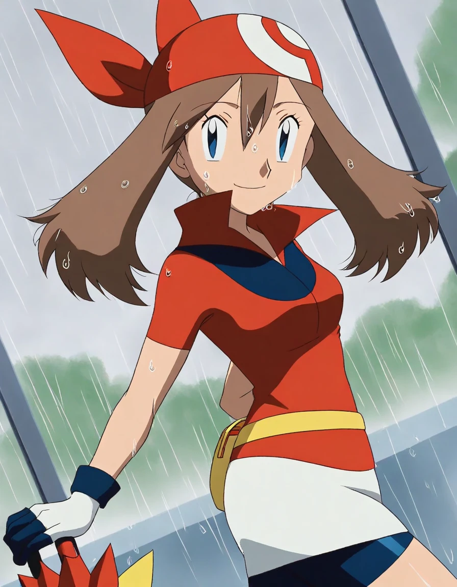 score_9, score_8_up, score_7_up, source_anime, <lora:pokemon-may-anime-illustrious-lora-nochekaiser:1>, pokemonmay, 1girl, may (pokemon), blue eyes, brown hair, bandana, long hair, red bandana, twintails, hair between eyes,, bike shorts, collared shirt, gloves, microskirt, multicolored shirt, pencil skirt, red shirt, shirt, short sleeves, skirt, white skirt,, rainy day, umbrella, walking home, puddles, wet hair, smile, looking at viewer, from side, solo,, cowboy shot, dutch angle, solo