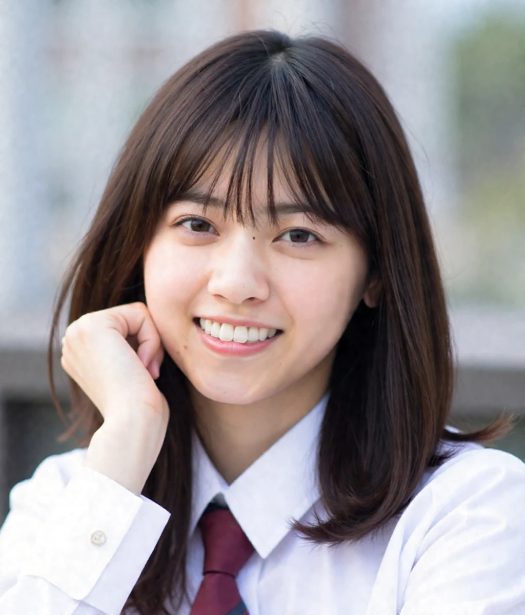 nanase,The image is a portrait of a young Asian woman with long dark hair and bangs. She is wearing a white collared shirt and a maroon tie. She has a slight smile on her face and is resting her chin on her hand. The background is blurred, but it appears to be an outdoor setting with a building visible in the distance. The overall mood of the image is happy and relaxed.