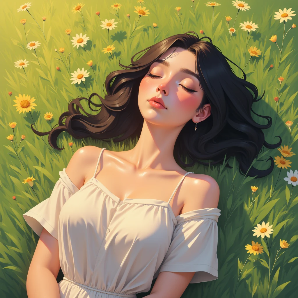 <lora:BStyle:1> A serene scene depicting a beautiful adult women, reclining on a grassy field adorned with wildflowers. she has wavy dark hair and a peaceful expression,closed eyes, with soft sunlight illuminating her face, baggy outfits, lofi anime style, light art, calm character, soothing, full body, drone shoot, no bags, attractive face, sun rays, blurry art