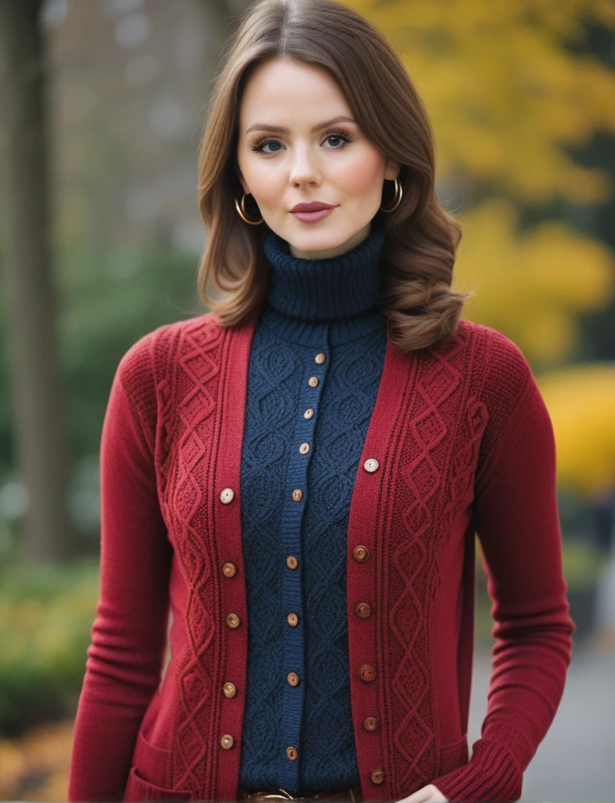 a professional sharp focus absurdres intricately detailed close portrait photograph of a beautiful Ruby_O_Fee, just looking good,
wearing slim pants with a long knit cardigan sweater over a turtleneck long-sleeved shirt,
 <lora:Ruby_O_Fee-SDXLe15:1> ,