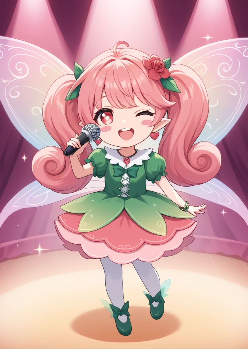 score_9, score_8_up, score_7_up, score_6_up, score_5_up, BREAK
lip, human, female,, 1girl, solo, pink hair, flower, fairy, earrings, open mouth, fairy wings, wings, jewelry, blush stickers, smile, pointy ears, heart earrings, long hair, bangs, red eyes, :d, heart, pink eyes, bright pupils, teeth, , blush, upper teeth only, twin tails, key_necklace, full body, dynamic pose, curly hair, rating_safe, tulip,
blue idol outfit, chibi, stage, holding microphone, standing, musical notes, winking, one eye closed, sparkles