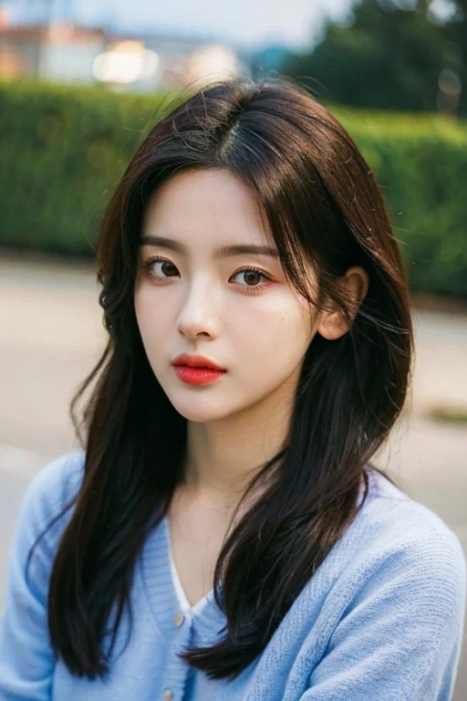 masterpiece, best quality, ultra-detailed, ultra high res, (photorealistic:1.4), raw photo, (realistic:0.2), 8k HDR, realistic lighting, 1girl, solo, (asian:0.2), asymmetrical hair, outdoor, (studio background:1.2), bokeh, (detailed lips), (detailed pores), (detailed skin textures), (detailed face:1.2), (full body:1.2), a woman in a cardigans, promotional image, a character portrait,