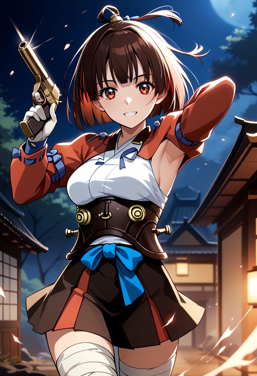 score_9,score_8_up,score_7_up,source_anime,MUMEI_(KABANERI),1girl,solo,breasts,looking at viewer,smile,skirt,long sleeves,gloves,holding,bow,ribbon,medium breasts,weapon,cowboy shot,japanese clothes,holding weapon,gun,bandages,blue ribbon,holding gun,hakama,corset,hakama skirt,handgun,dual wielding,shrug \(clothing\),hakama short skirt,bandaged leg,aiming,aiming at viewer,armpit cutout,