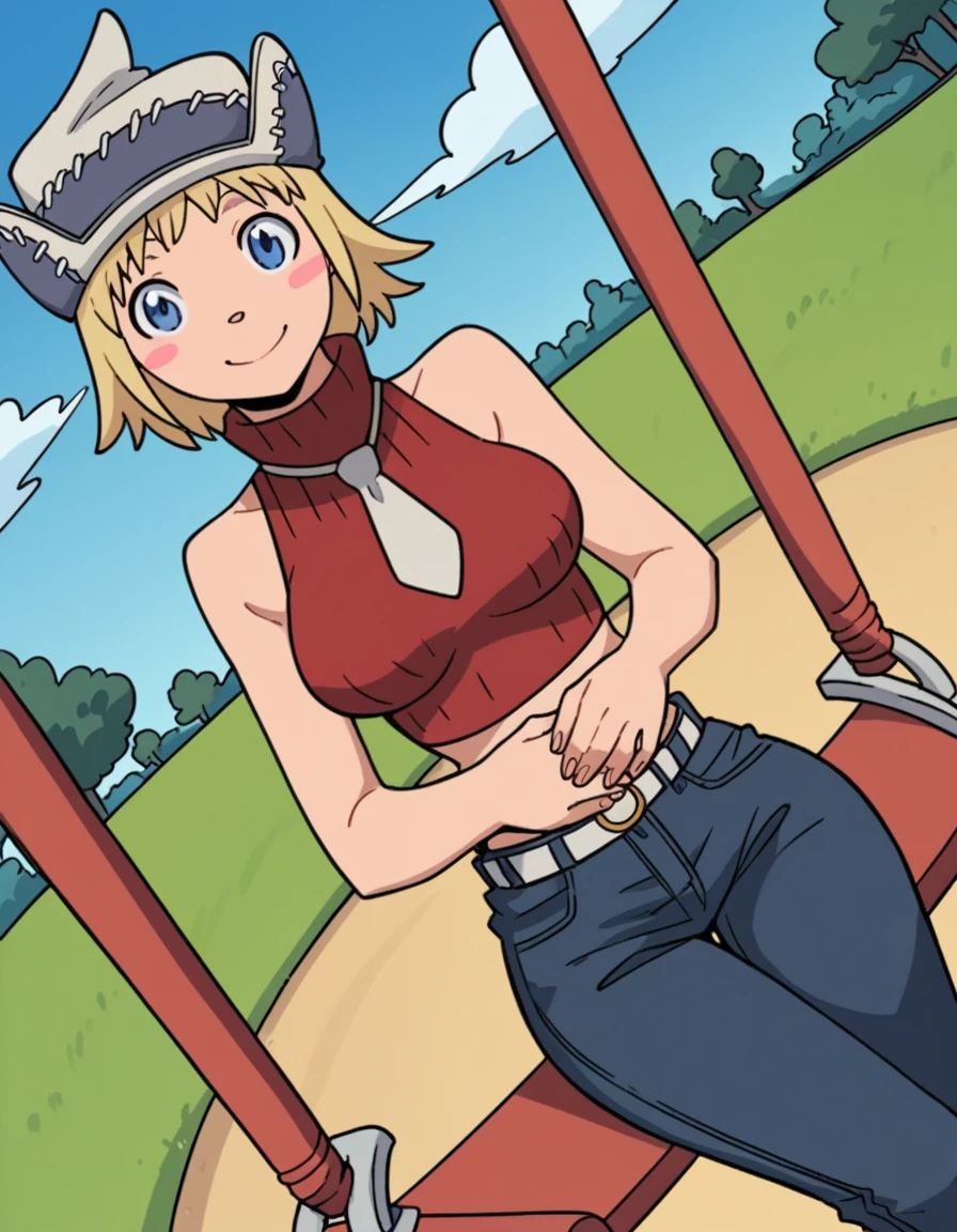 score_9, score_8_up, score_7_up, source_anime, <lora:patricia-thompson-s1-ponyxl-lora-nochekaiser:1>, patricia thompson, short hair, blue eyes, blonde hair, blush sticker, medium breasts,, hat, bare shoulders, jewelry, necktie, sleeveless, midriff, crop top, turtleneck, sleeveless turtleneck, pants, denim, belt, public park, playground, swing set, laughter, sunny day, smile, , hands on stomach, blush,, solo,, cowboy shot, dutch angle,