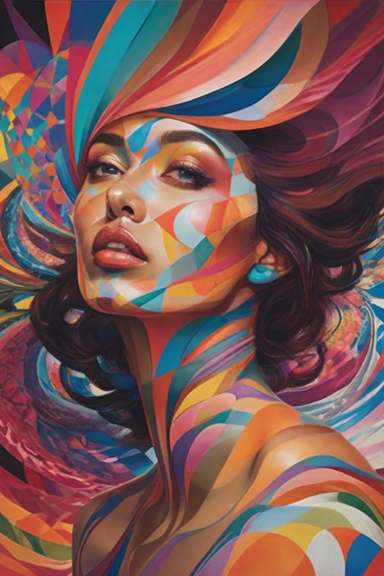 A surreal, dreamlike scene where a woman's body is transformed into a vibrant, swirling vortex of colors and shapes. Geometric patterns dance across her skin, with bold lines and curves forming a mesmerizing, three-dimensional structure that appears to shift and pulse like a living entity. The surrounding environment dissolves into a kaleidoscope of hues, blurring the boundaries between reality and fantasy.,GeoF