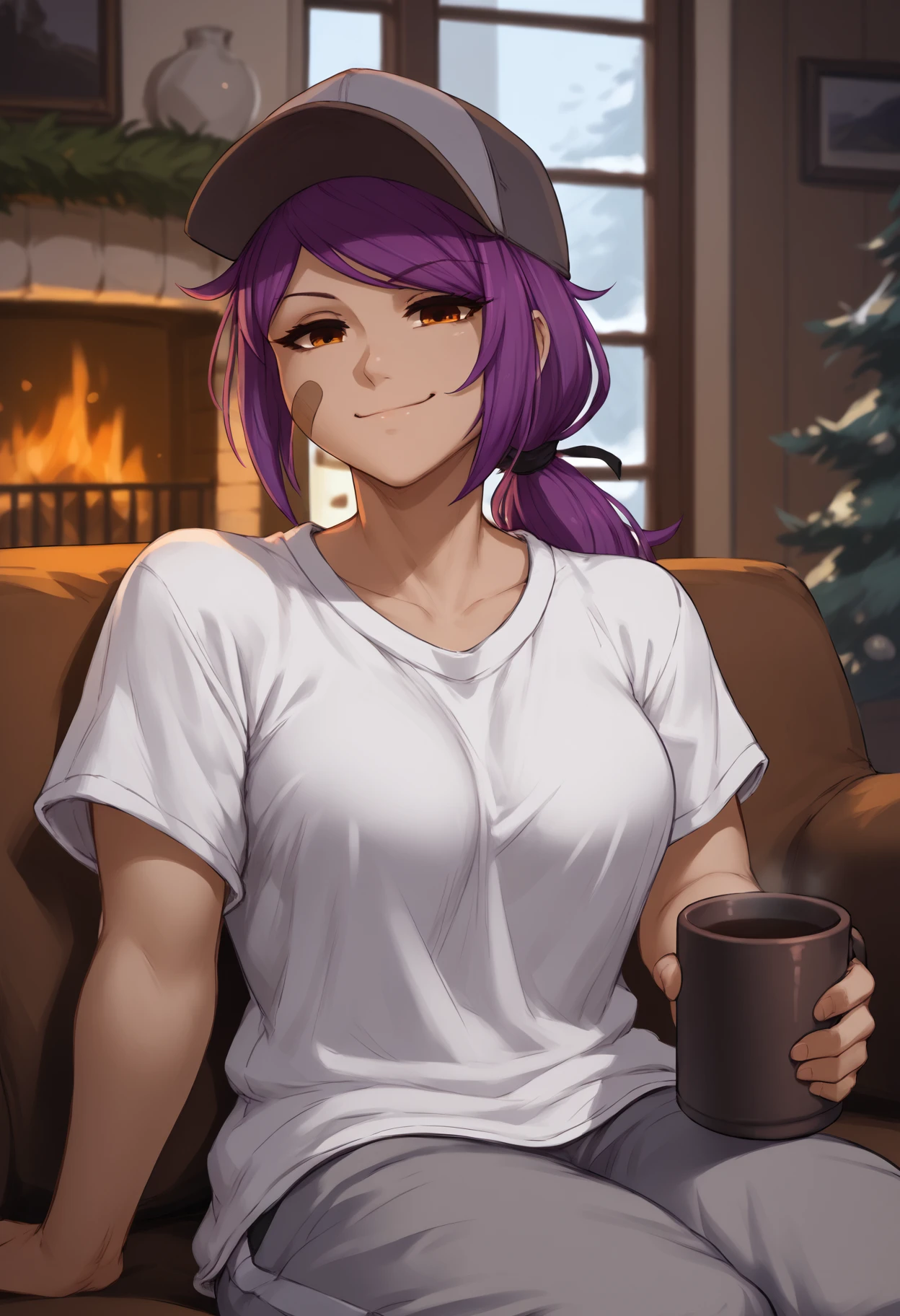 score_9, score_8_up, score_7_up, 1girl, leaairi, brown eyes, single bandaid on cheek, short hair, purple hair, low ponytail, hair ribbon, black ribbon, large breasts, fit, baseball cap,
loose shirt, grey sweatpants, messy hair,
looking at viewer, smile, half-closed eyes, lounging, elbow rest, leaning back, holding mug,
indoors, living room, fireplace, winter, window,
<lora:Leah-Airisubaka-PDXL_V2-Manityro-CAME:1.0>,