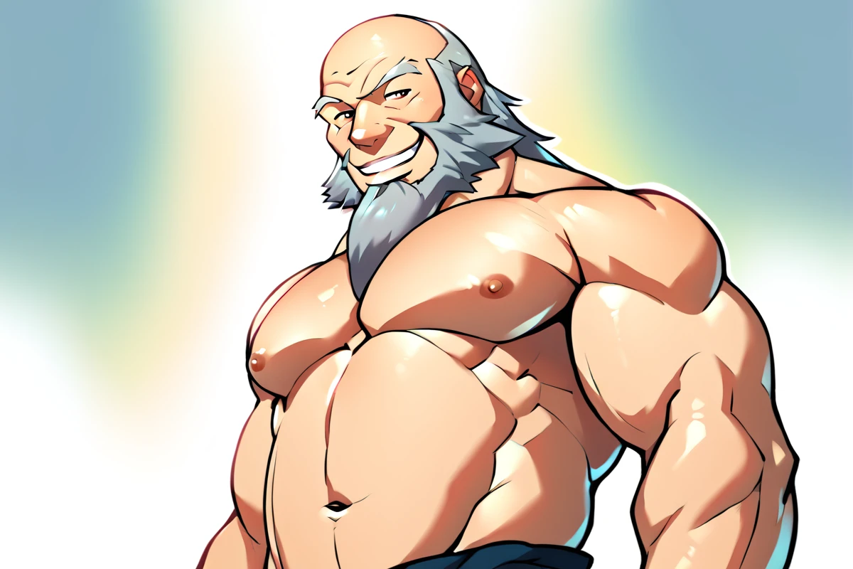 score_9, score_8_up, score_7_up, <lora:Iroh_v2.0:1> portrait, smile, iroh, bald, grey hair, beard, topknot, source_cartoon, muscular, pecs, topless, nipples,   <lora:mentaiko:0.5>