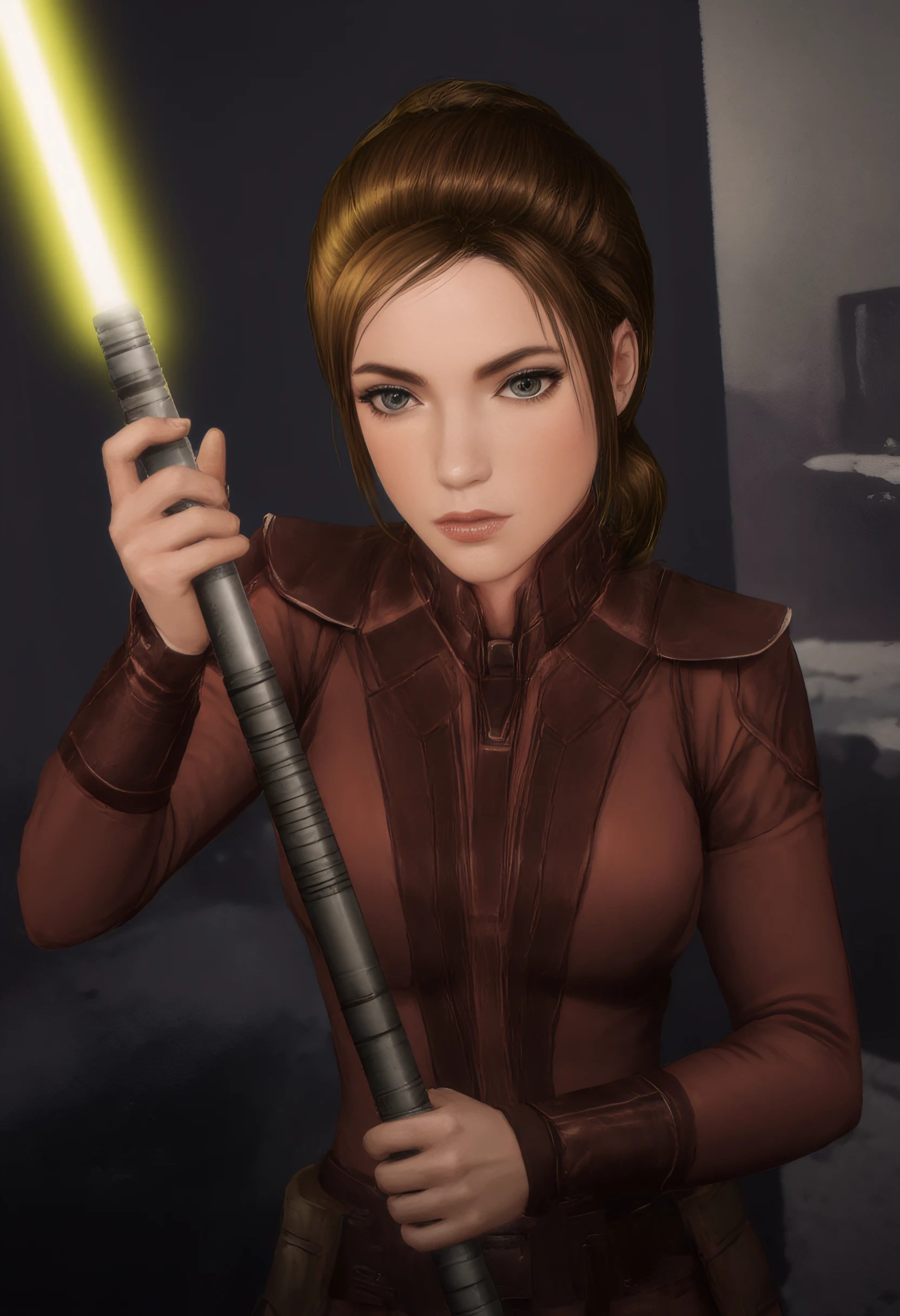 bastila_shan looking at viewer and smiling, wielding a yellow lightsaber