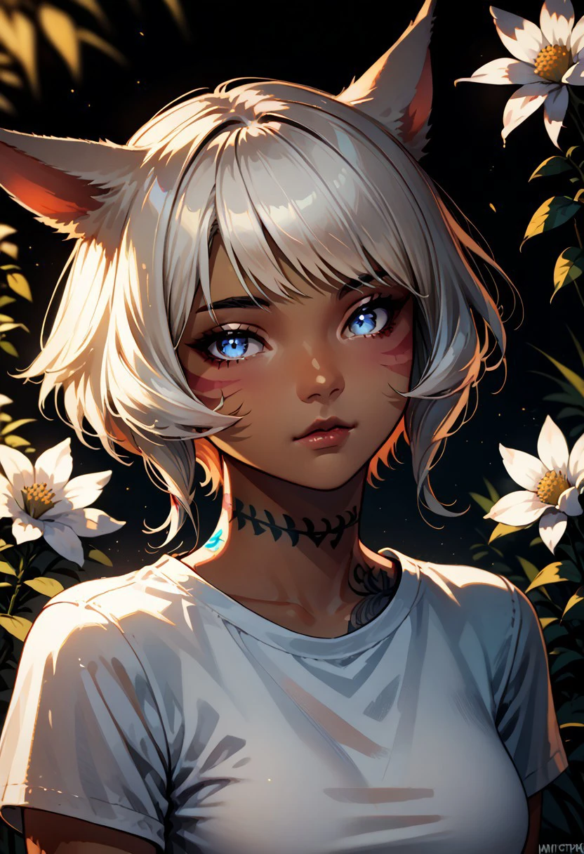 Havoc and Disorder, (1 girl:1.3), (solo:1.2), (looking at viewer:1.2), (short hair:1.1), (blue eyes:1.1), (animal ears:1.3), (dark skin:1.2), (white hair:1.2), (cat ears:1.3), (medium breasts:1.1), (upper body:1.1), (flower:1.0), (lips:1.1), (grey eyes:1.1), (tattoo:1.2), (facial mark:1.1), (feathers:1.0), (t-shirt:1.0), (whisker markings:1.2), (miqo'te:1.3), (neck tattoo:1.2), (flat color:1.5), anime style, vibrant colors, clean lines, minimal shading, source_anime, score_9, score_8_up, score_7_up, score_6_up, score_5_up, score_4_up,