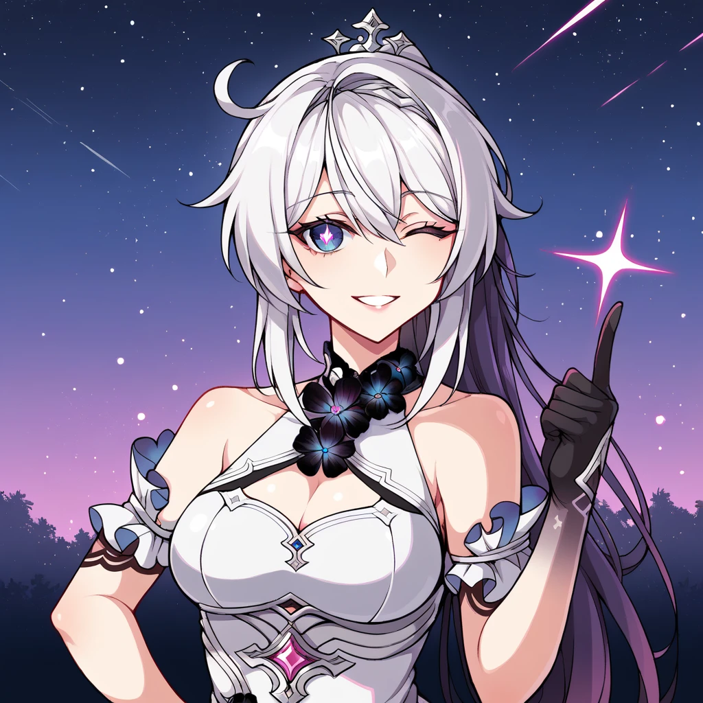score_9_up, score_8_up, score_7_up, source_anime, 1girl, solo, Kiana, Hofi_Def, cosmos, night sky, sitting on stone ledge, looking up at sky, shooting star, hand in hair, hand up, gentle smile, closed mouth, from below, foreshortening, face focus, white footwear, high heels, kiana kaslana, white hair, very long hair, purple hair, ponytail, blue eyes, star-shaped pupils, symbol-shaped pupils, crown, jewelry, gem, white dress, sleeveless dress, cleavage cutout, halterneck, black flower, open skirt, black gloves, white skirt, bare shoulders, purple inner skirt, clothing cutout, detached sleeves, frilled sleeves, short sleeves, mature body, dynamic cowboy shot, outdoors, 