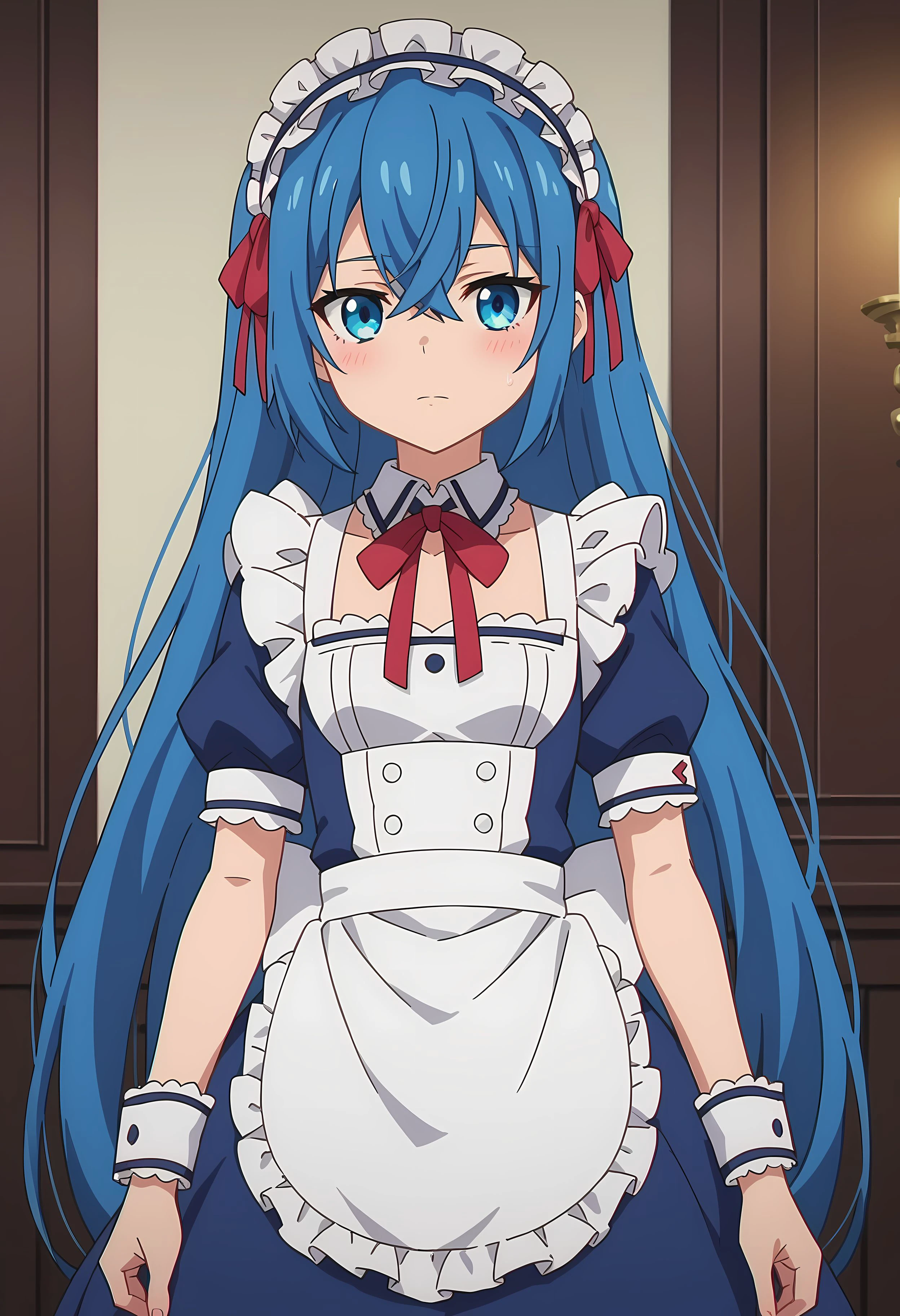 score_9, score_8_up, score_7_up, source_anime, 2d,
Astarte, 1girl, blue hair, very long hair, blue eyes, very small breasts, maid hairband, red ribbon, black collar, white maid outfit, blue outfit, white armband, short sleeve,
anime coloring, anime screencap, detailed eyes, zPDXL, perfect faces, uncensored, rating_explicit, <lora:astarte_0-000025:1>,