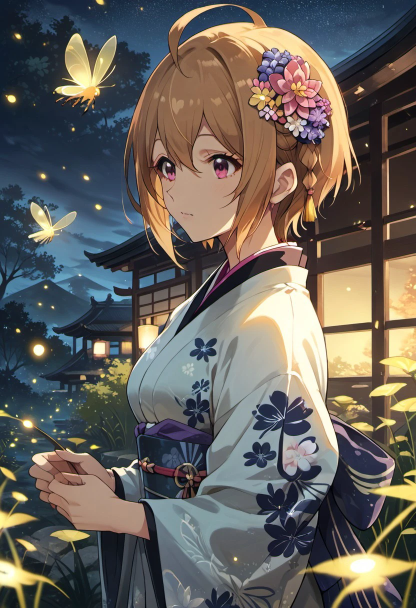 score_9, score_8_up, score_7_up, source_anime,ibuki tsubasa, short hair, ahoge, pink eyes, brown hair, fireflies, 1girl, japanese clothes, kimono, night, flower, hair ornament, hair flower, solo, outdoors, sky, braid