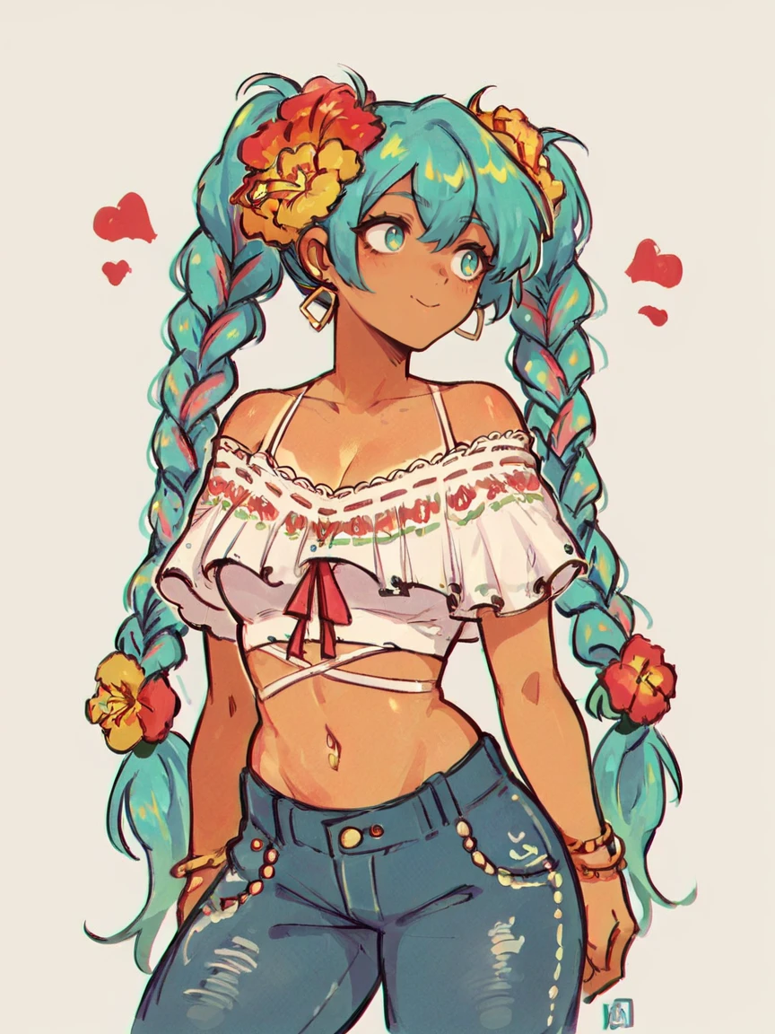 score_9, score_8_up, score_7_up, score_6_up, score_5_up,  <lora:MexicanHatsuneMikuXLP2:0.8> mexican hatsune miku, 1girl, solo, jeans, shirt, jewelry, off-shoulder shirt, twin braids, multicolored hair, tan skin, curvy, hair flower,