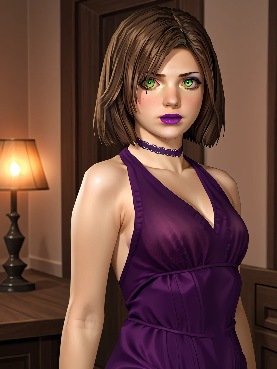 realistic, score_7_up, (sh4eileen:1.2), green eyes, brown hair <lora:Eileen Galvin (Silent Hill 4):1.1>, purple dress