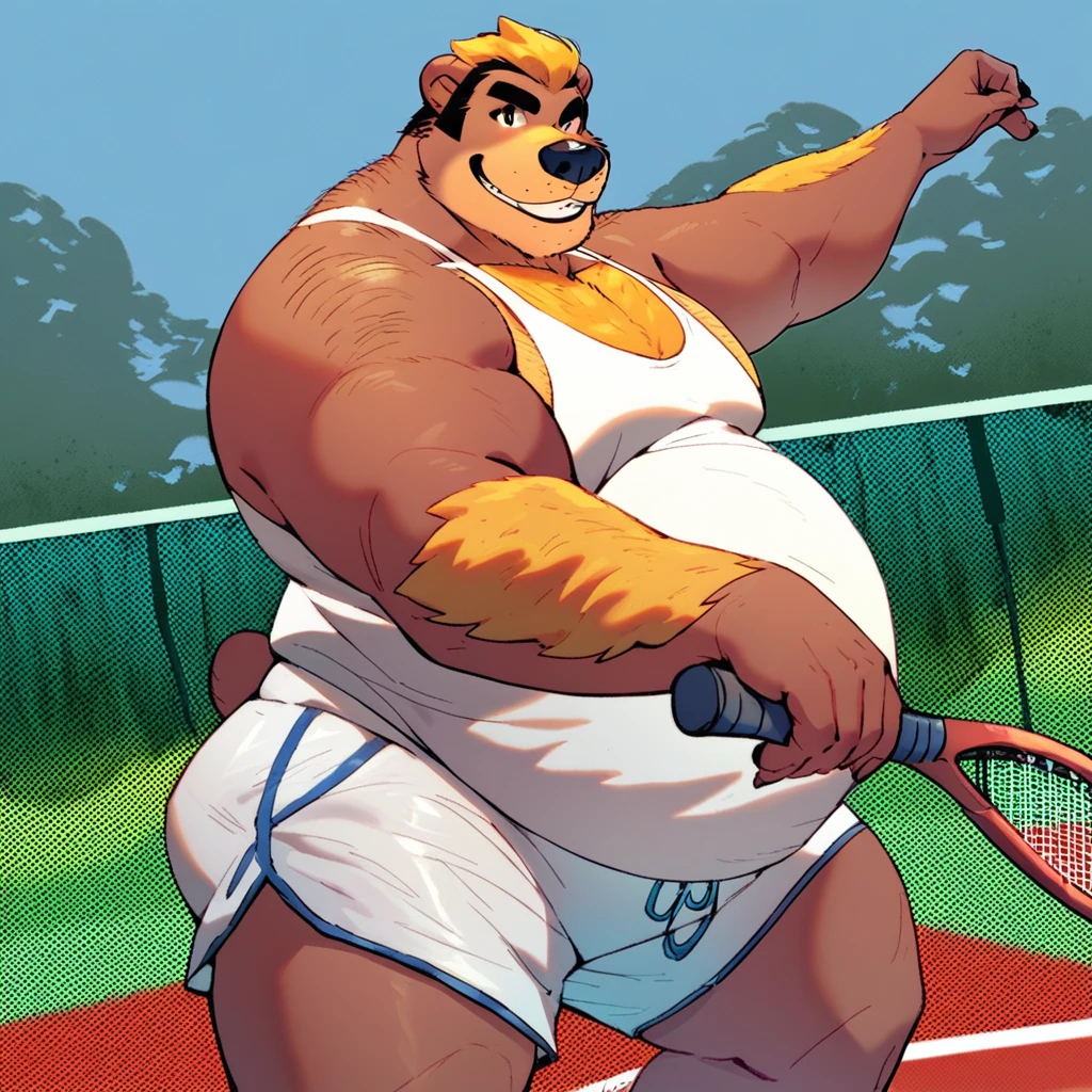 score_9, score_8_up, score_8, furry, Harold, bear, hairy, yellow chest hair, yellow arm hair, cartoon style, 2d, overweight male, huge pecs, big belly, thick thighs, wide hips, solo, white tank top, athletic shorts, standing, holding up tennis racket, looking at viewer, smile, outside, tennis court