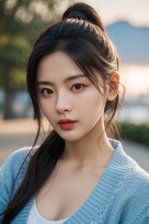 masterpiece, best quality, ultra-detailed, ultra high res, (photorealistic:1.4), raw photo, (realistic:0.2), 8k HDR, realistic lighting, 1girl, solo, (asian:0.2), asymmetrical hair, outdoor, (simple background:1.4), bokeh, (detailed lips), (detailed pores), (detailed skin textures), (detailed face:1.2), (upper body:1.2), a woman in a  light blue cardigan, promotional image, a character portrait,