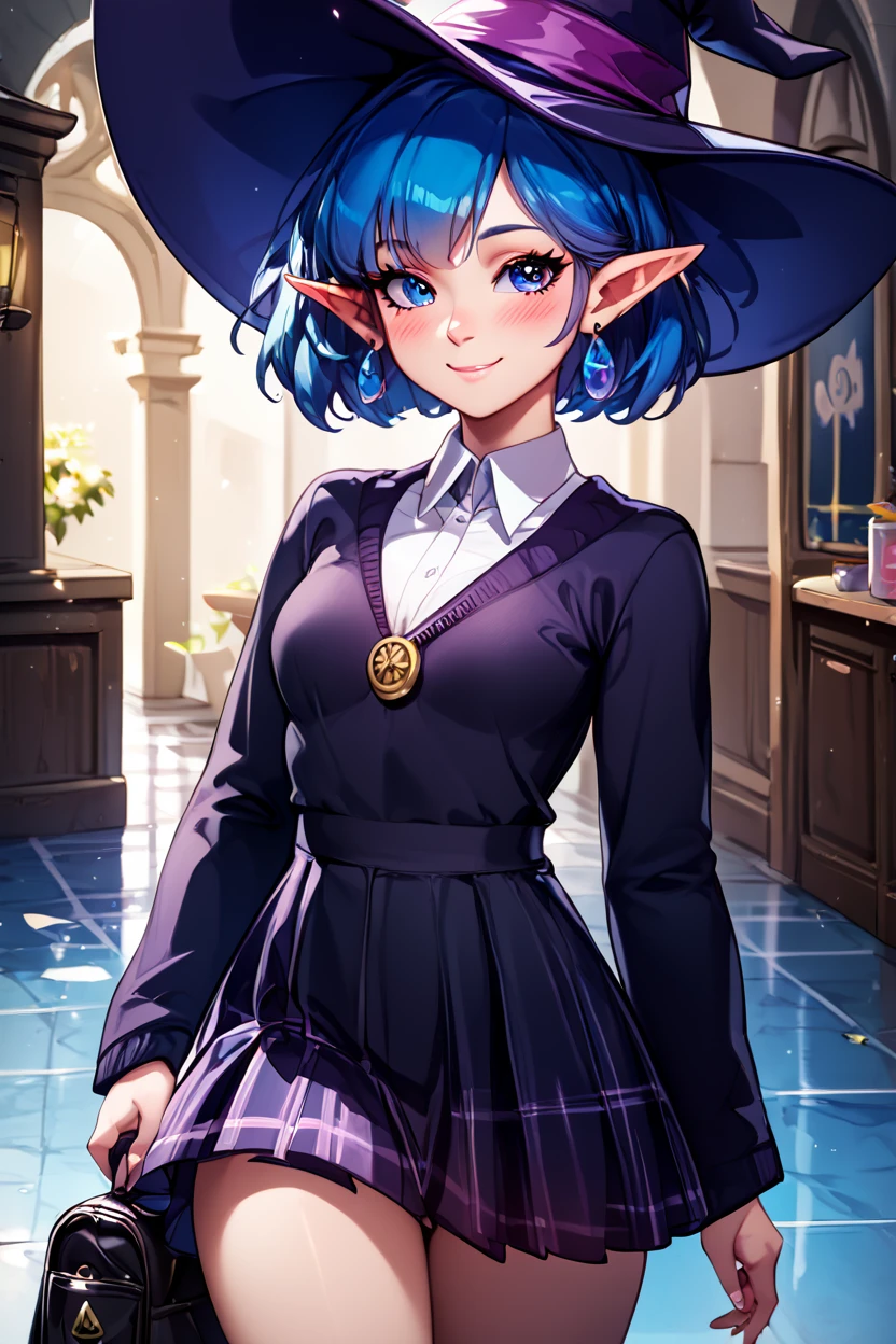 score_9, score_8_up, score_8, medium breasts, (curvy), cute, eyelashes,       BREAK, , zzIrene, pointy ears, short hair, blue hair, witch hat, witch,  earrings, long robe,  <lora:IreneZelda_PDXL:0.8>,  , BREAK, closed mouth, alternate costume, smile, looking at viewer, collared shirt, blush, sweater, black skirt, eyelashes, long sleeves, sleeves past wrists, plaid skirt, shoulder bag, black bag, blurry, tile floor, pleated skirt, white shirt, cowboy shot, ,,, embedding:zPDXL, Expressiveh, ,,, <lora:Vivid:0.7>, <lora:LFashionPDXL:1>, <lora:Uncensored_PonyXL_cpt_v02.09:0.4>, <lora:Expressive_H-000001:0.4>,